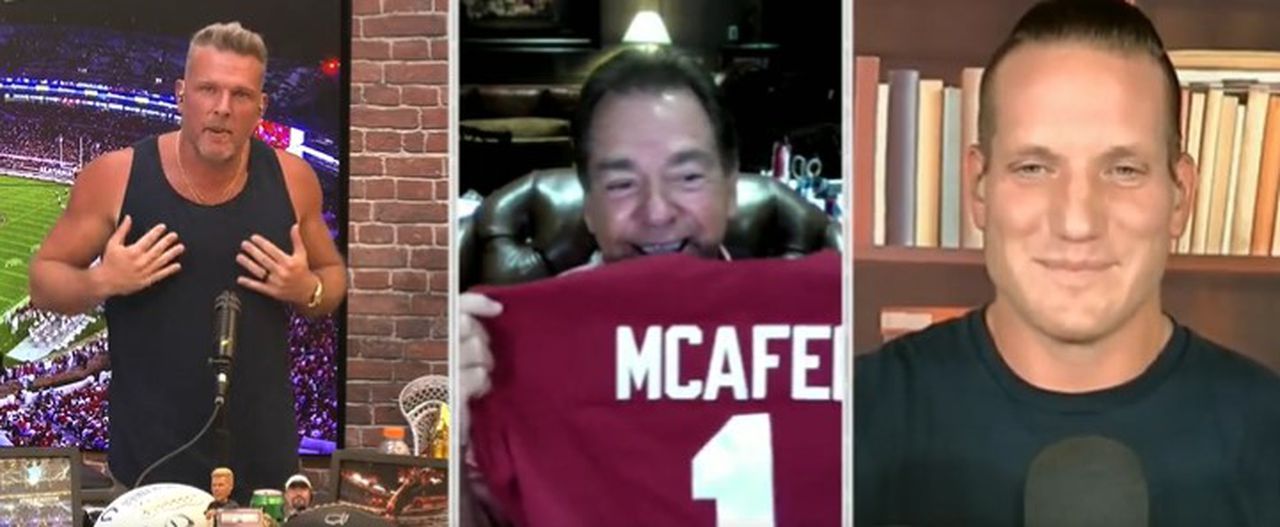 Watch Nick Saban take jab at NIL as he gifts Pat McAfee Alabama T-shirt with name on it