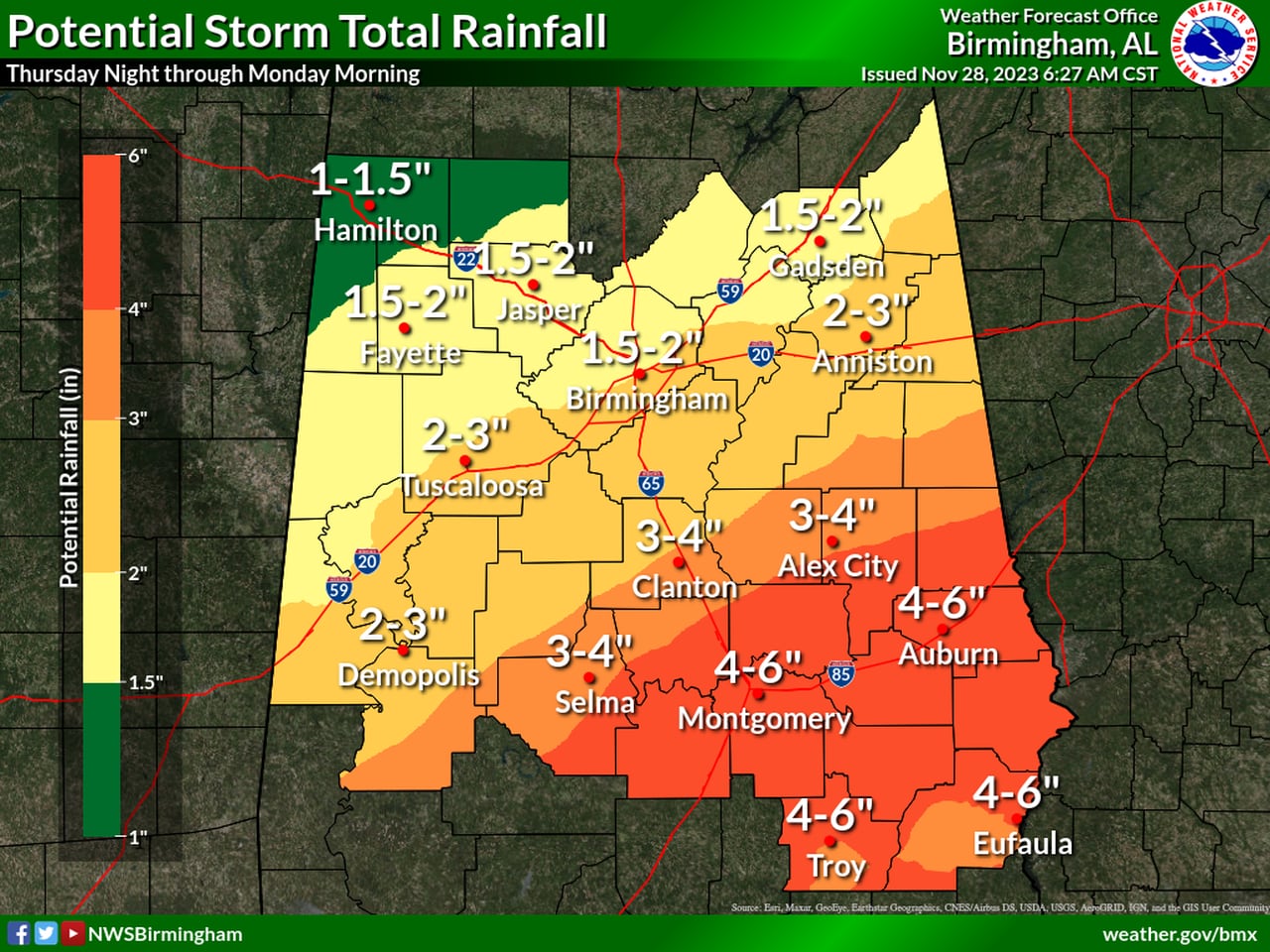 Up to 6 inches of rain possible this week in Alabama