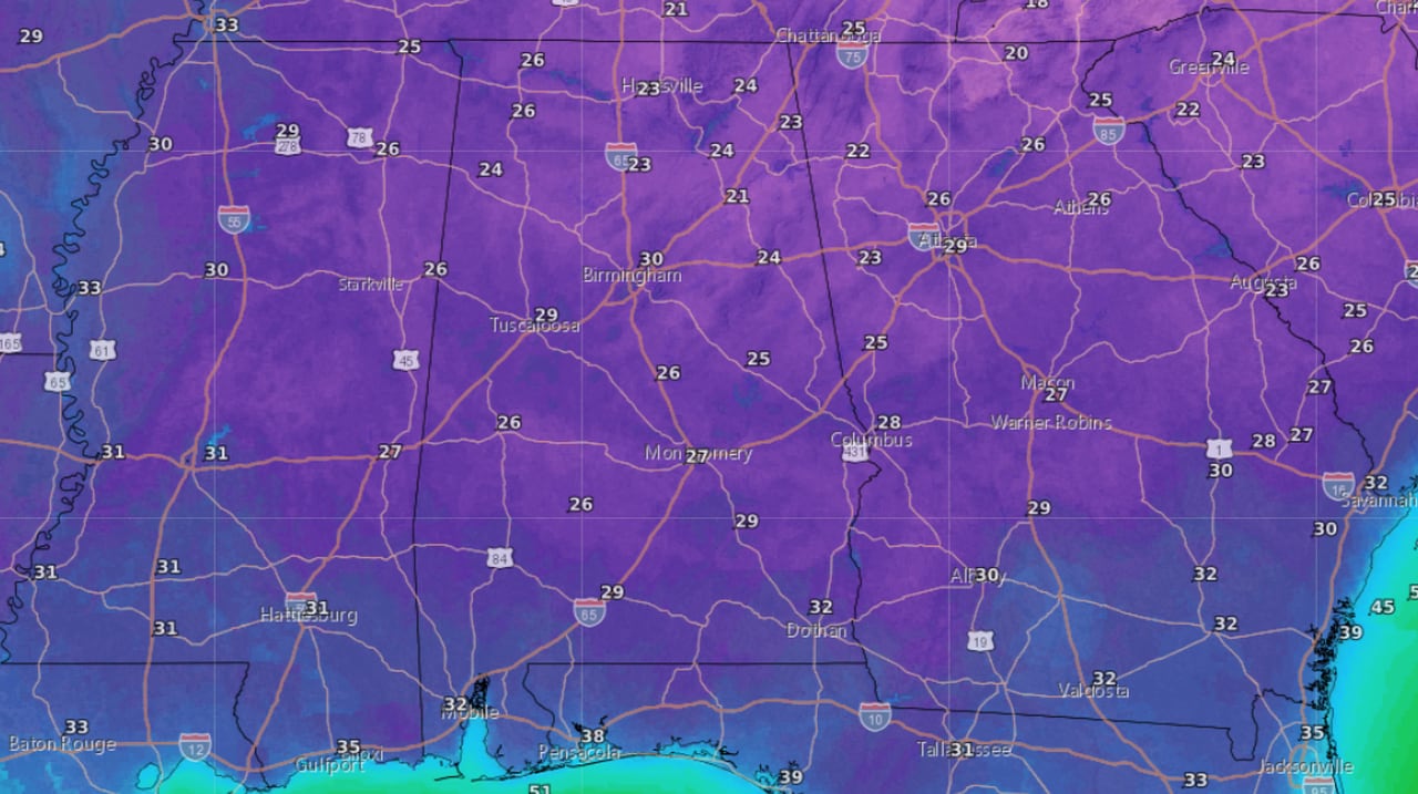 What night will be the coldest this week in Alabama?