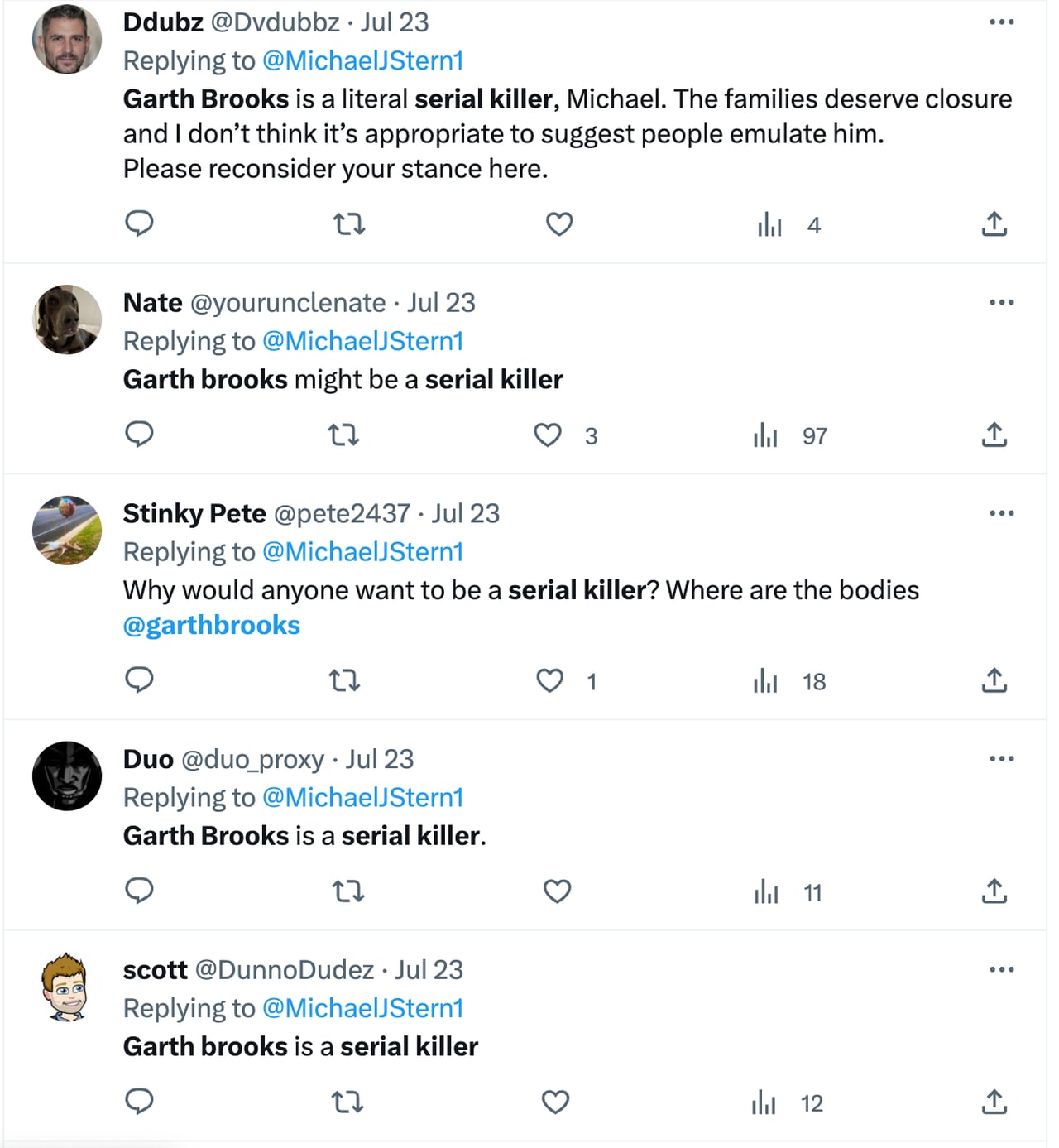 Why are people on social media accusing Garth Brooks of being a serial killer?