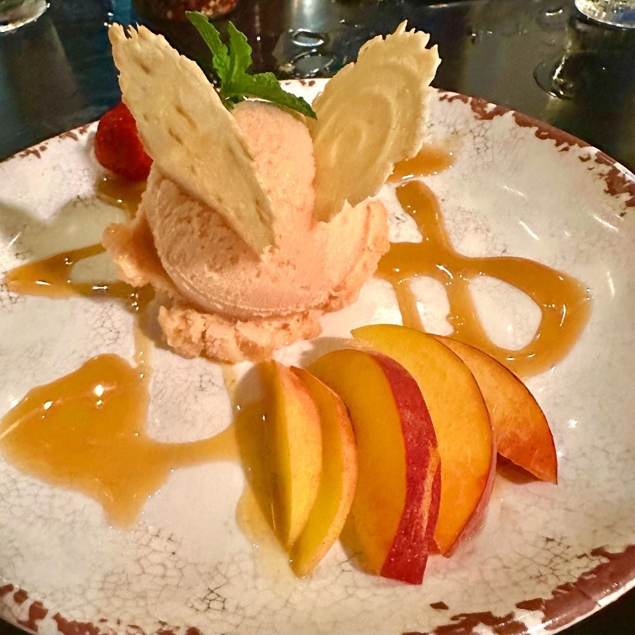 Peach dessert at Pizzeria GM in Homewood, Ala.