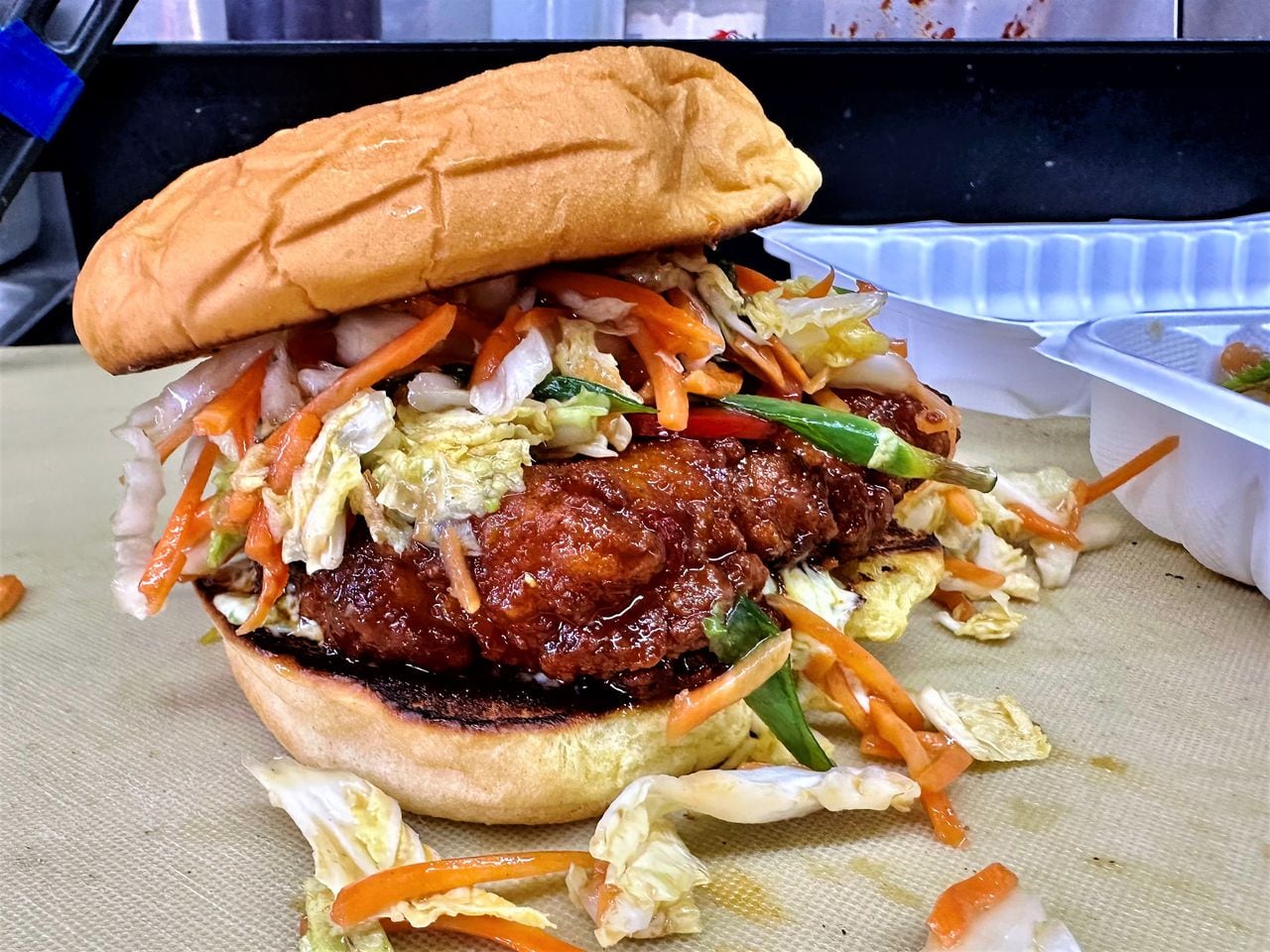 General Tso's chicken sandwich at Rickshaw in Birmingham, Ala.