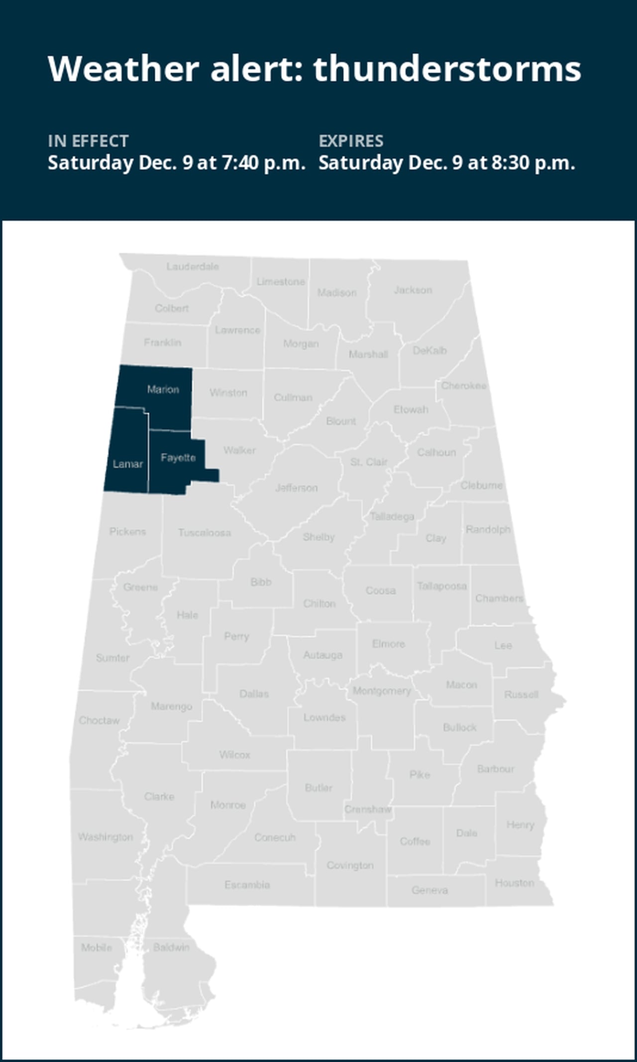 Thunderstorms with marble-sized hail in Alabama Saturday