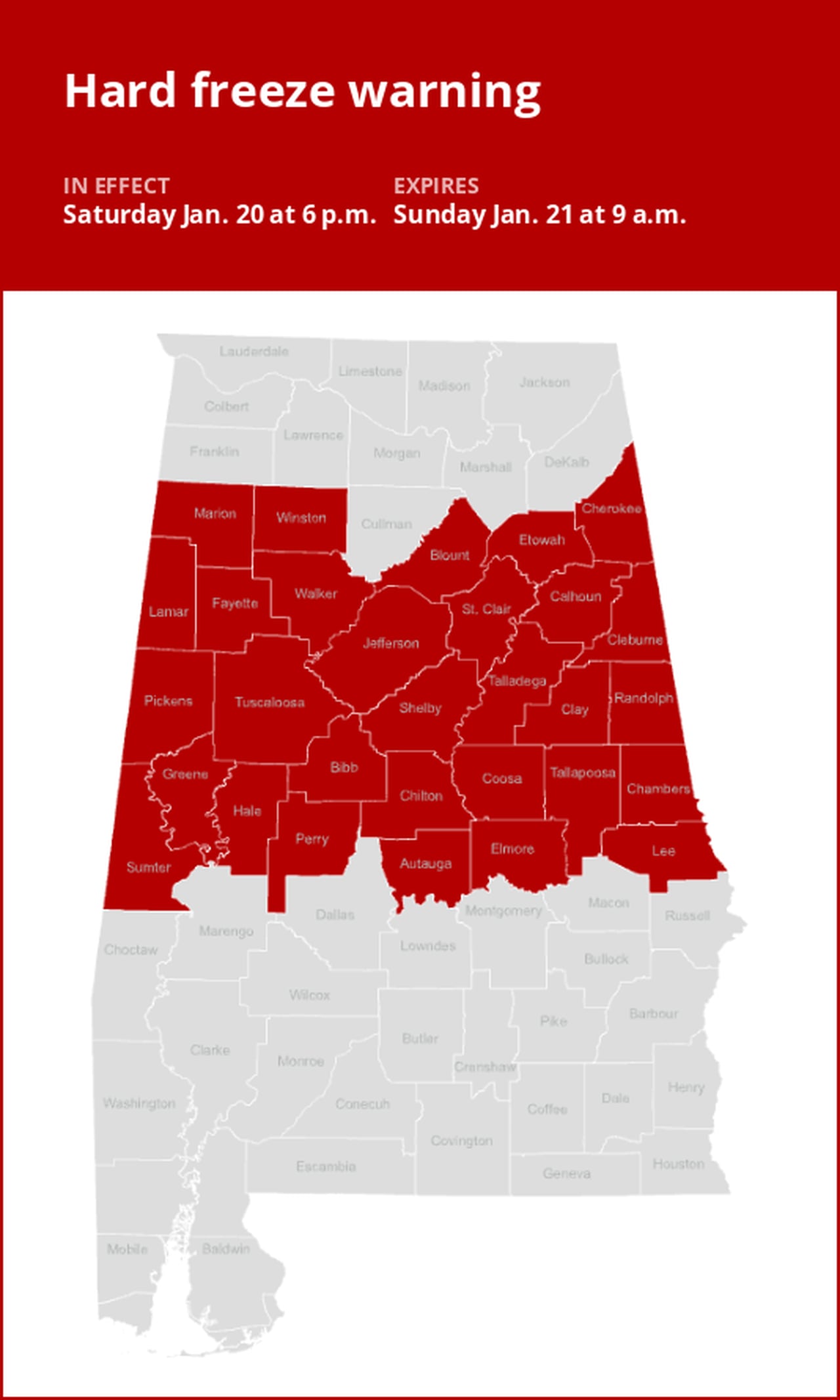 Alabama under a hard freeze warning Saturday and Sunday