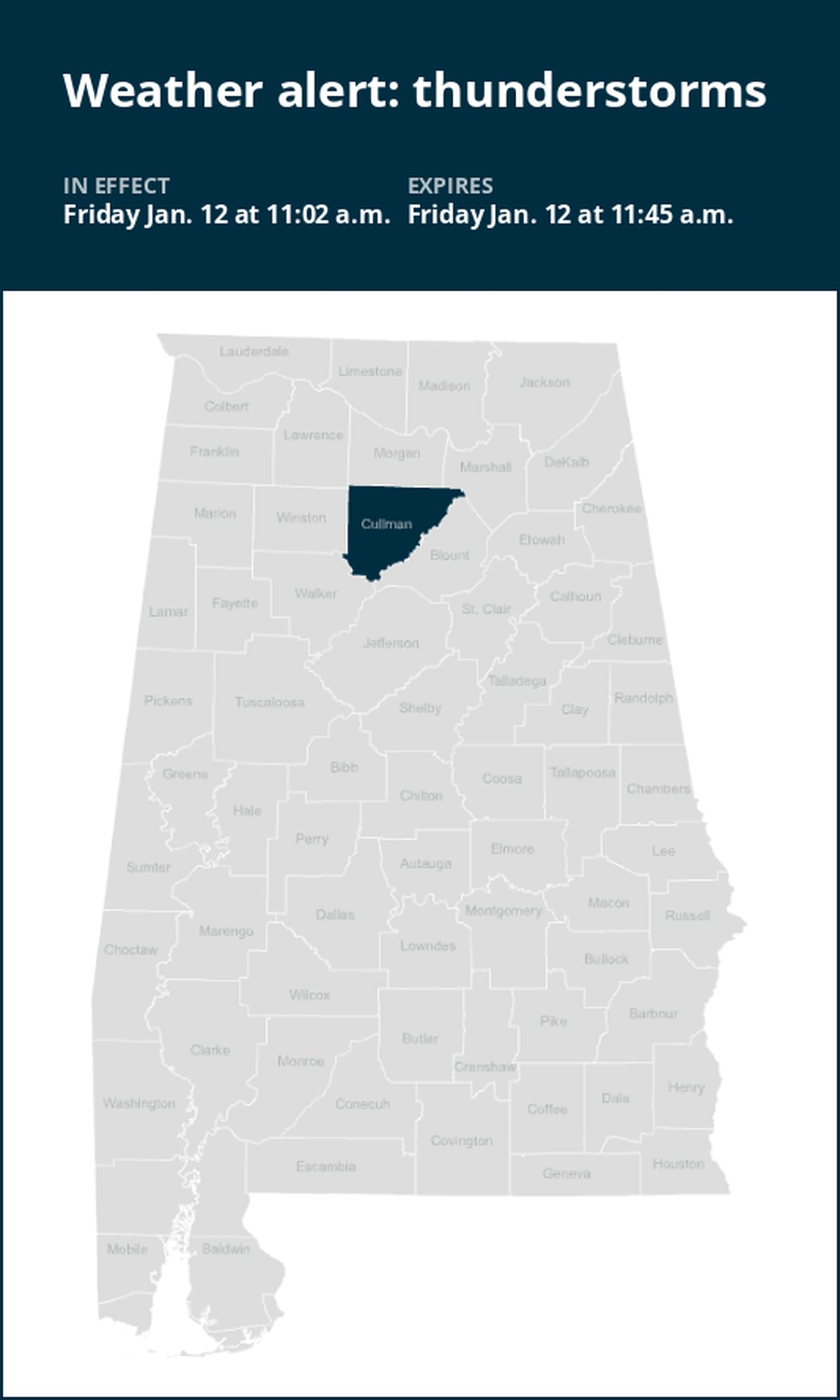 Be prepared for strong thunderstorms in Cullman County Friday midday