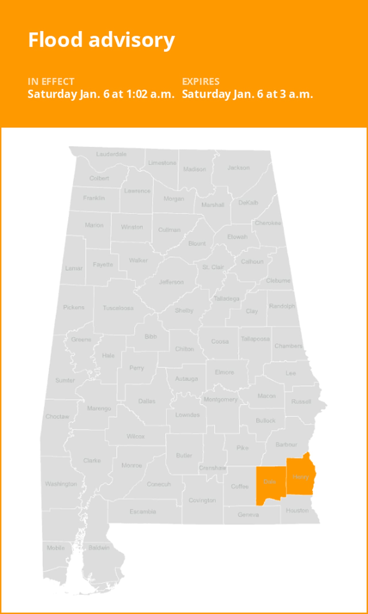 Dale and Henry counties under a flood advisory until 3 a.m. Saturday