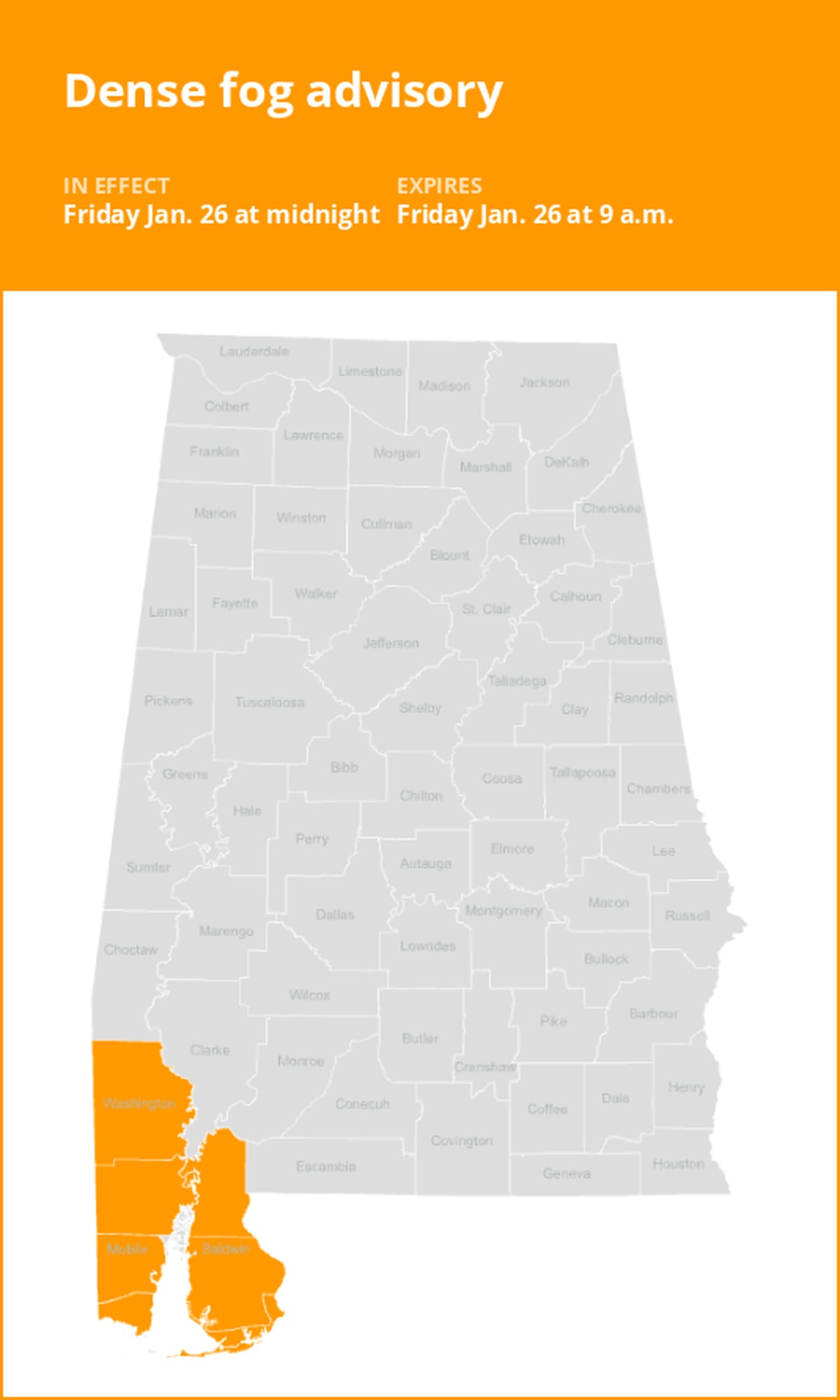 Dense fog advisory affecting Southwest Alabama Friday