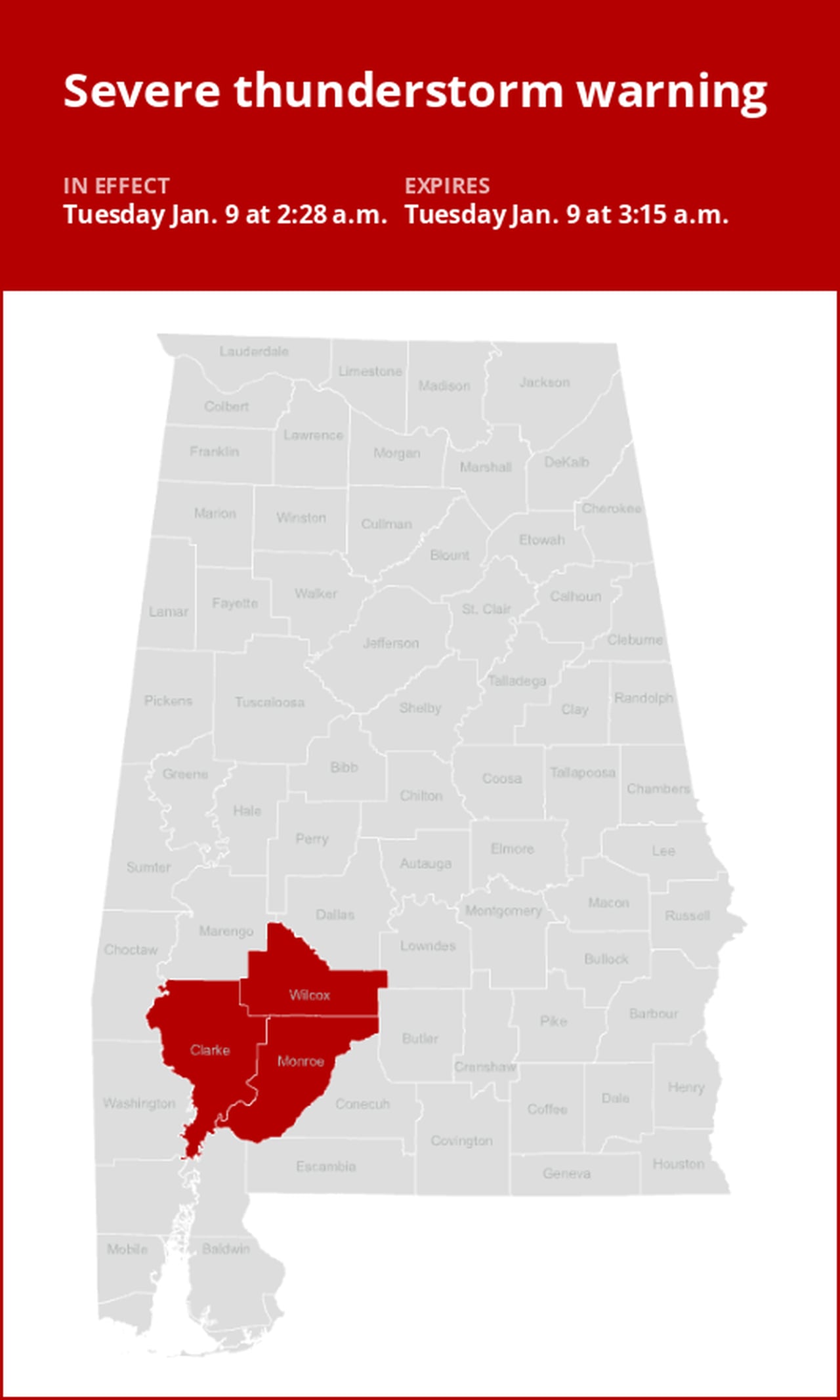 Expect damaging winds with thunderstorms in Southwest Alabama Tuesday