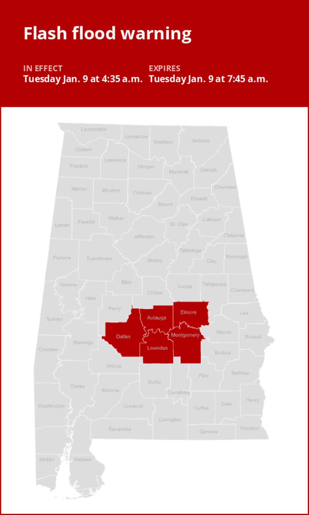Flash flood warning for Central Alabama until Tuesday morning