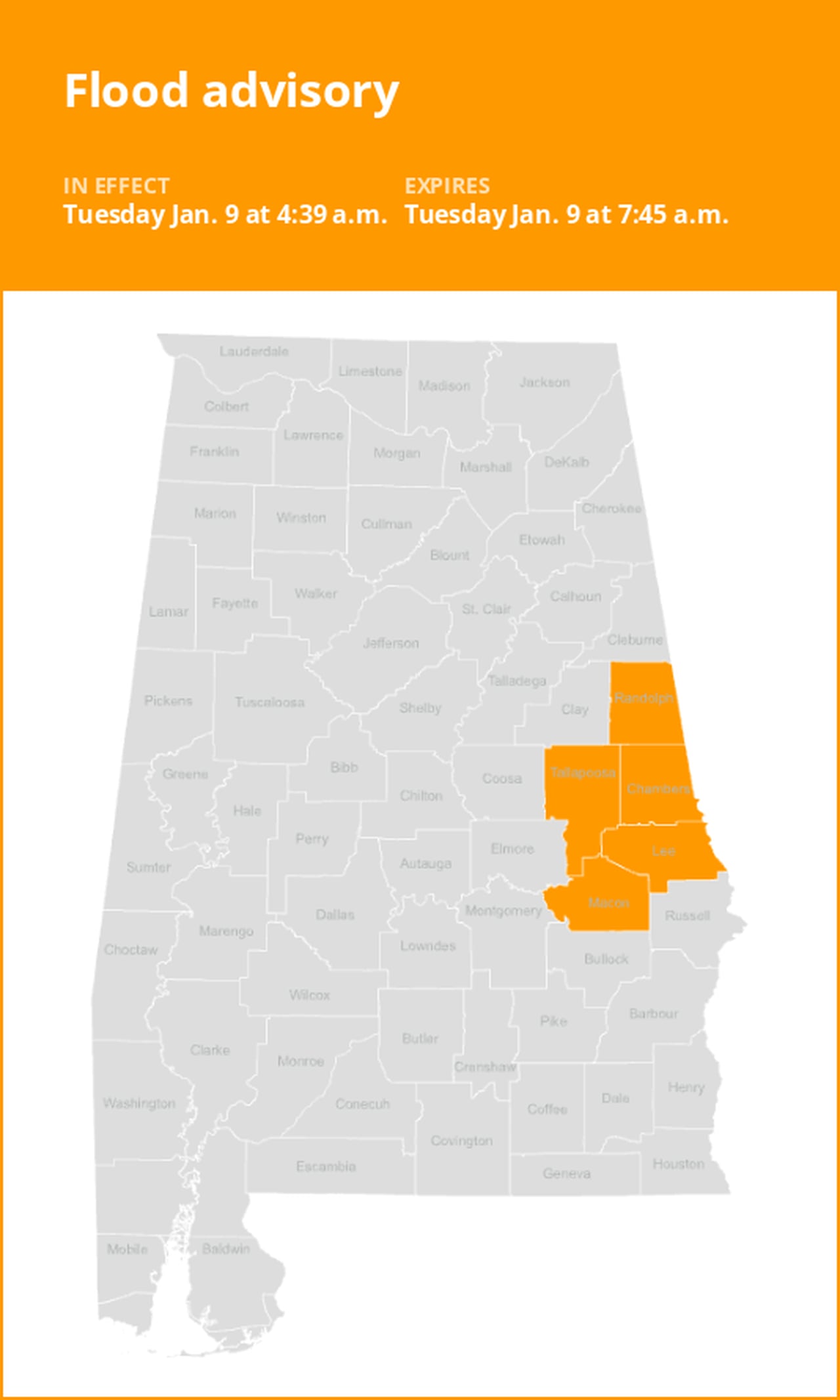 Flood advisory affecting East Central Alabama until Tuesday morning