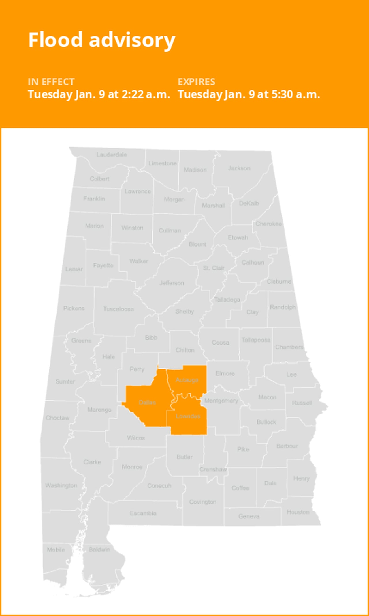 Flood advisory issued for Central Alabama until early Tuesday morning