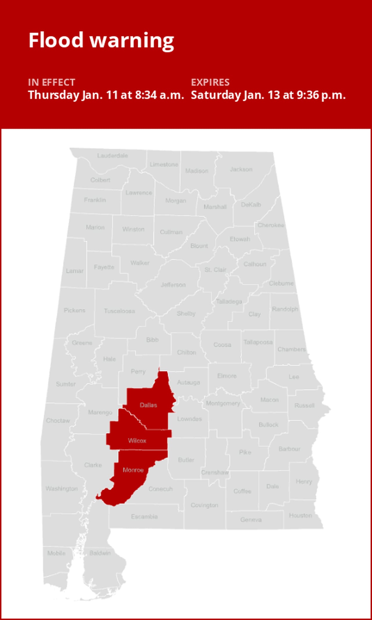 Flood warning affecting Alabama from Thursday to Saturday