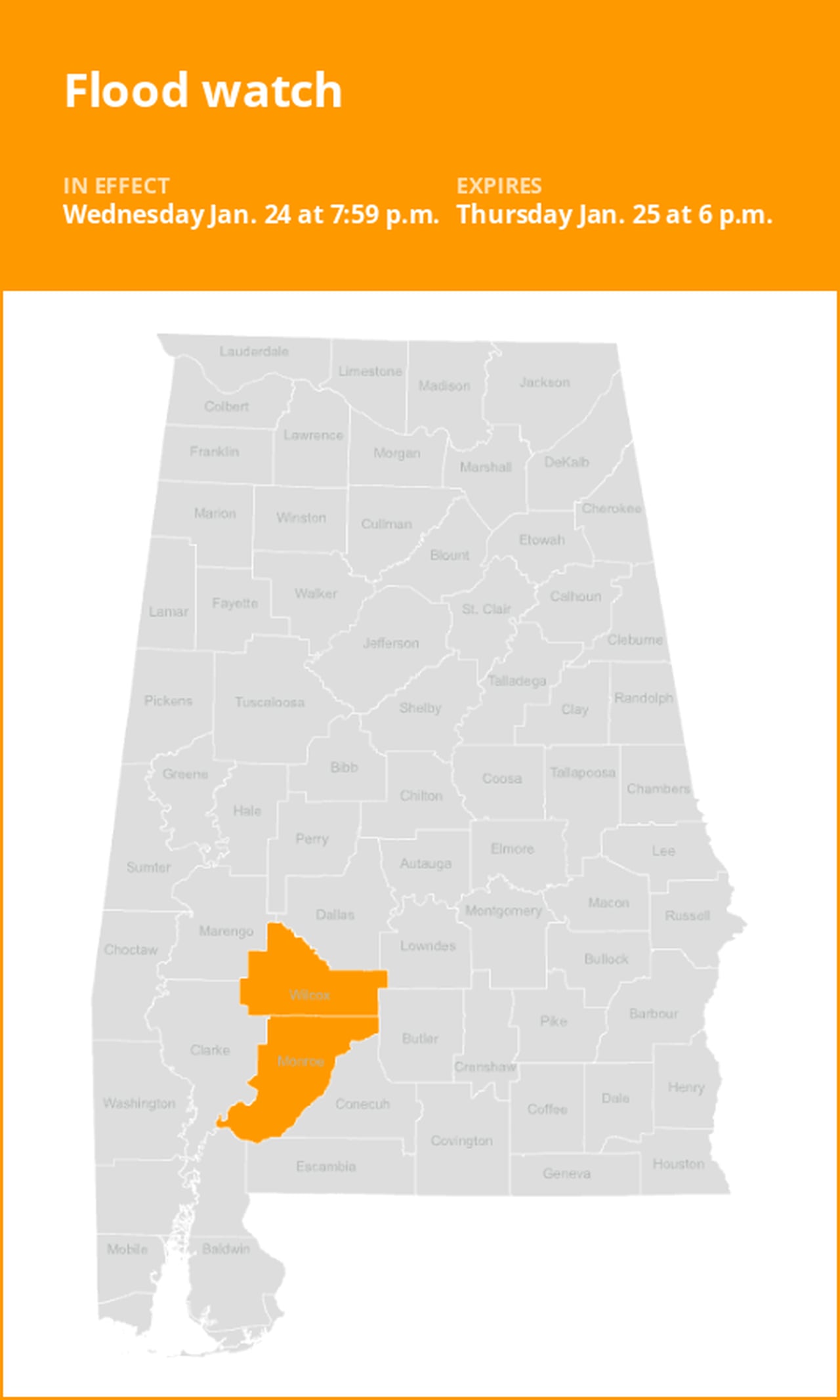 Flood watch issued for Wilcox and Monroe counties until Thursday evening