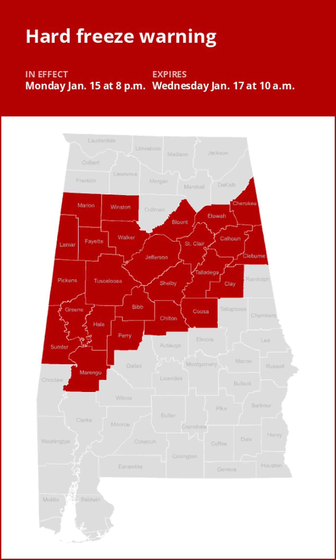 Hard freeze warning for Alabama until Wednesday morning