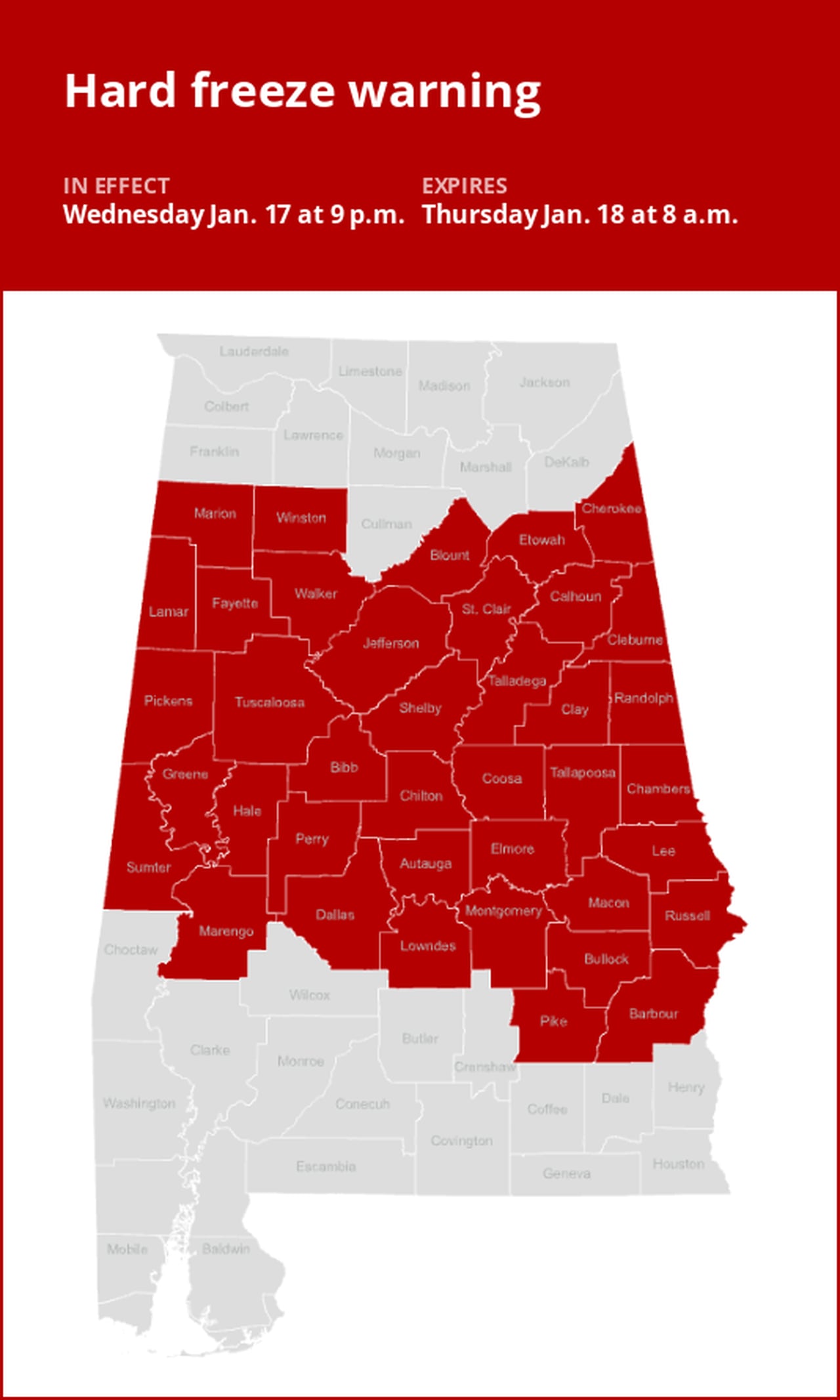 Hard freeze warning issued for Alabama until Thursday morning