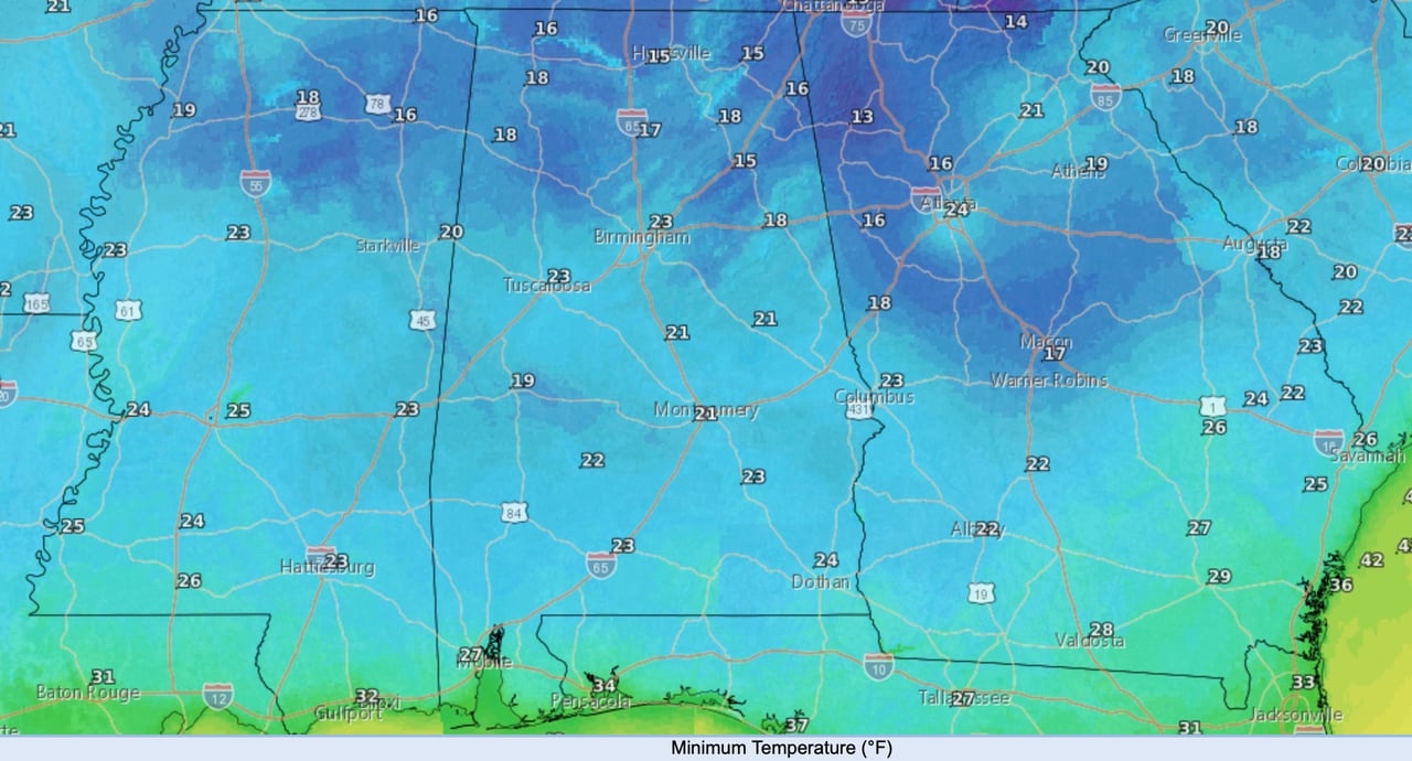 How cold was it overnight in Alabama?
