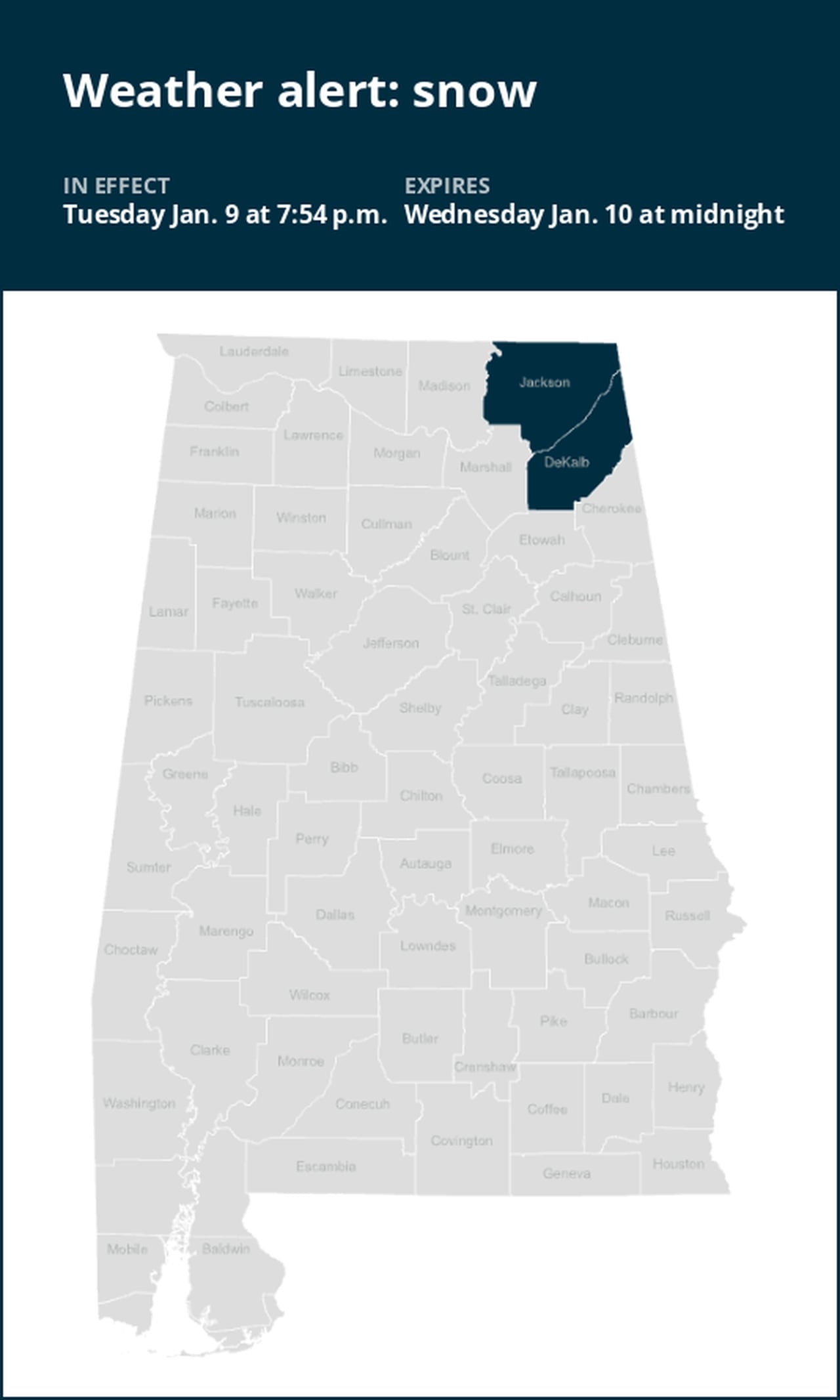 Prepare for snow in Jackson and DeKalb counties until early Wednesday