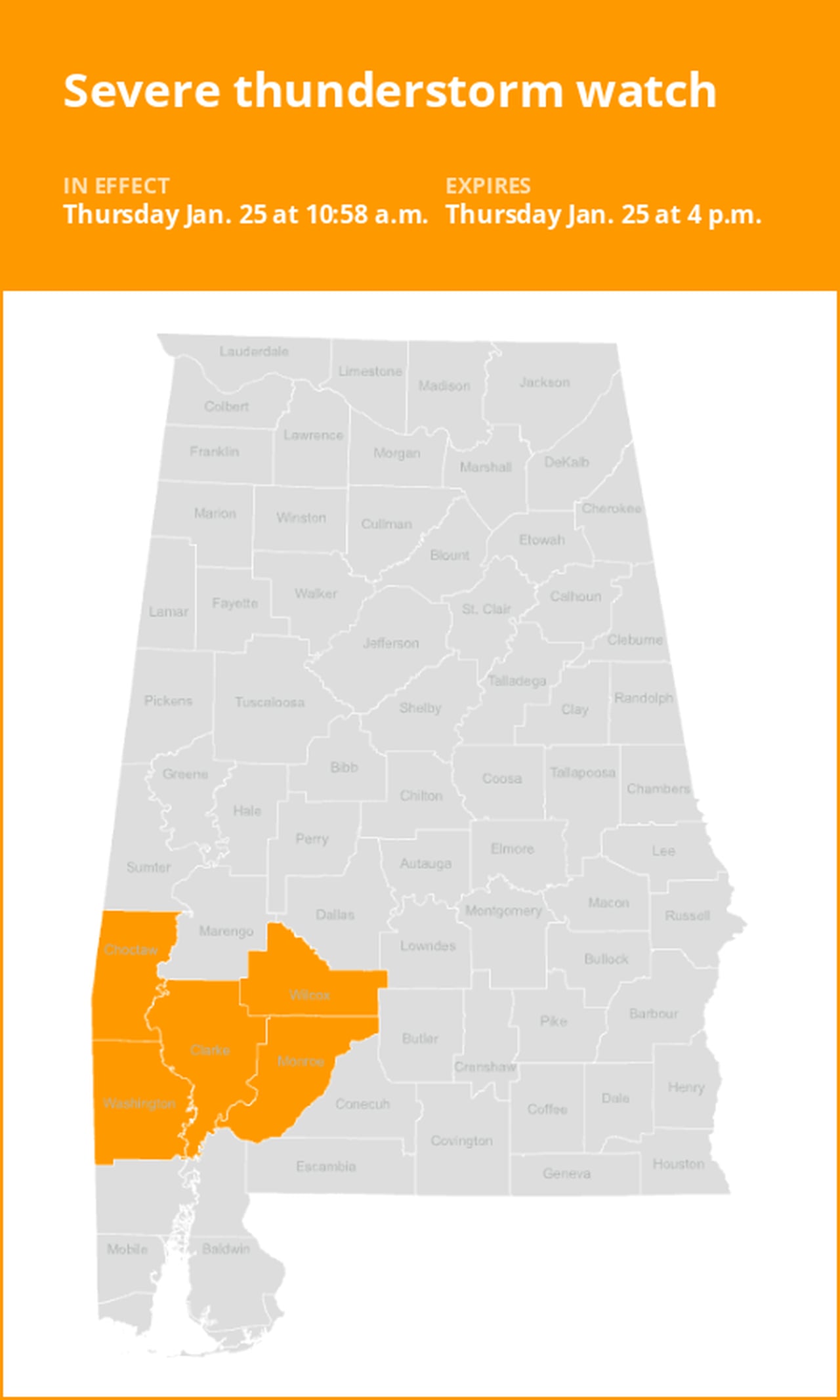 Severe thunderstorm watch for Southwest Alabama until early Thursday evening