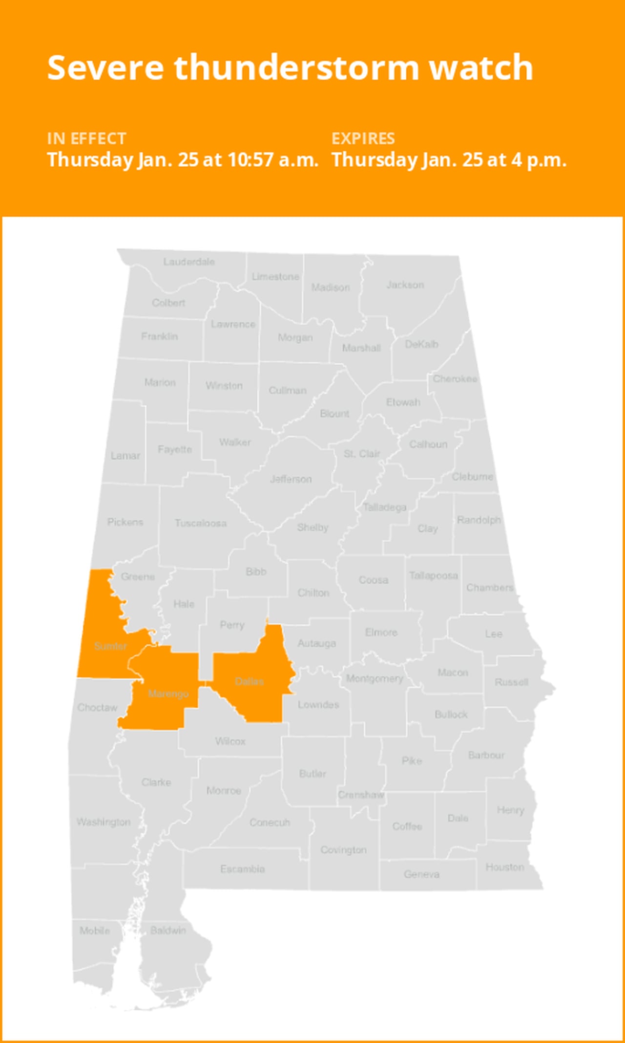 Severe thunderstorm watch issued for West Central Alabama until early Thursday evening