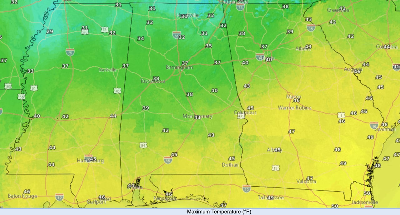 These 4 Alabama cities had record low high temperatures on Tuesday