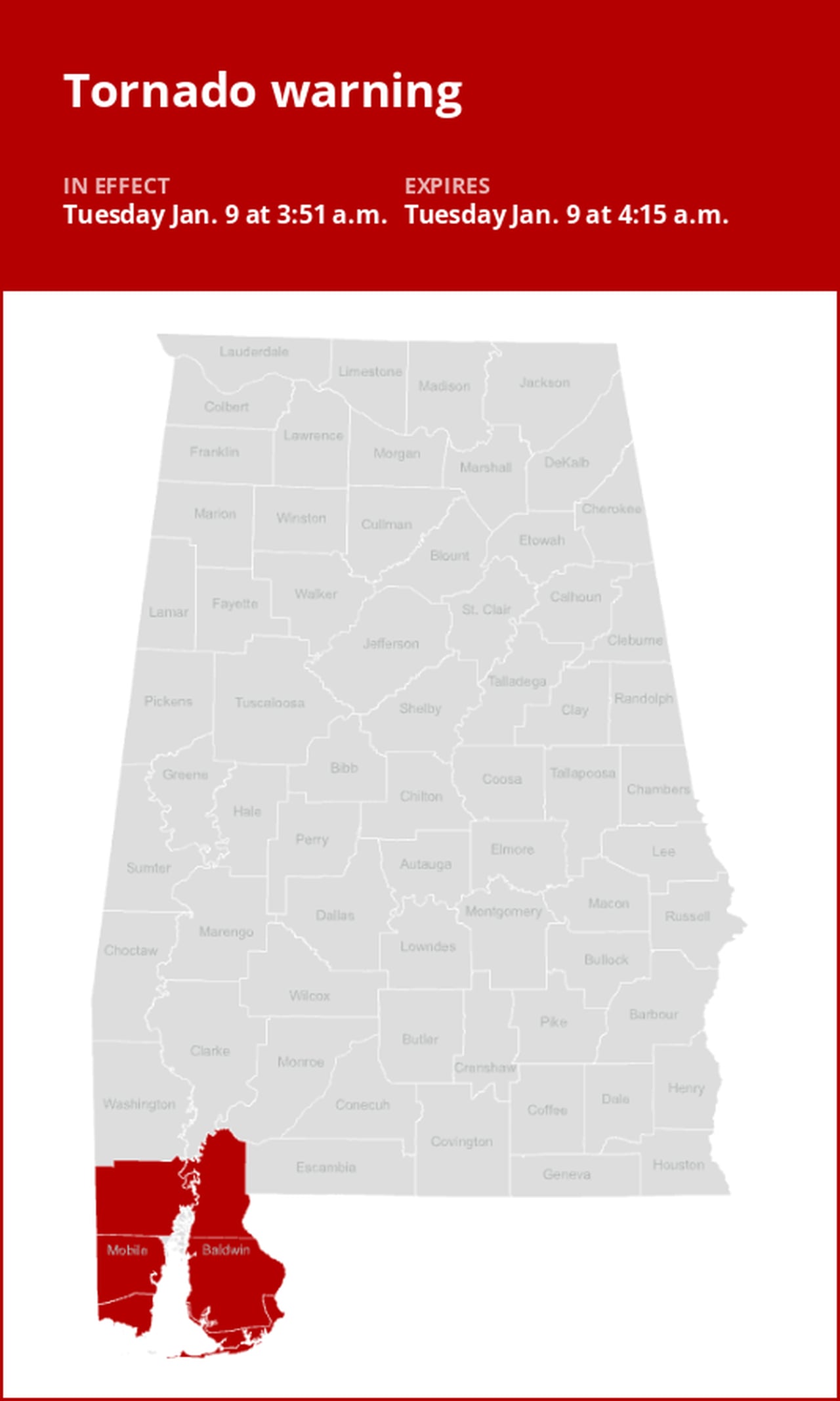 Tornado warning issued for Baldwin and Mobile counties early Tuesday morning
