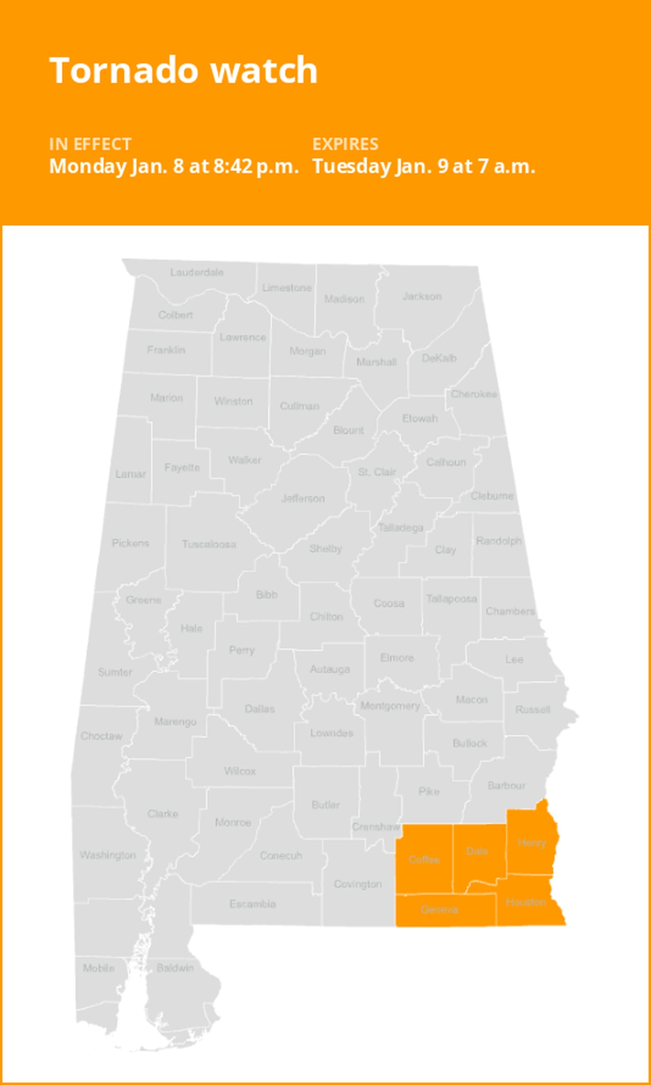 Tornado watch affecting Southeast Alabama until Tuesday morning