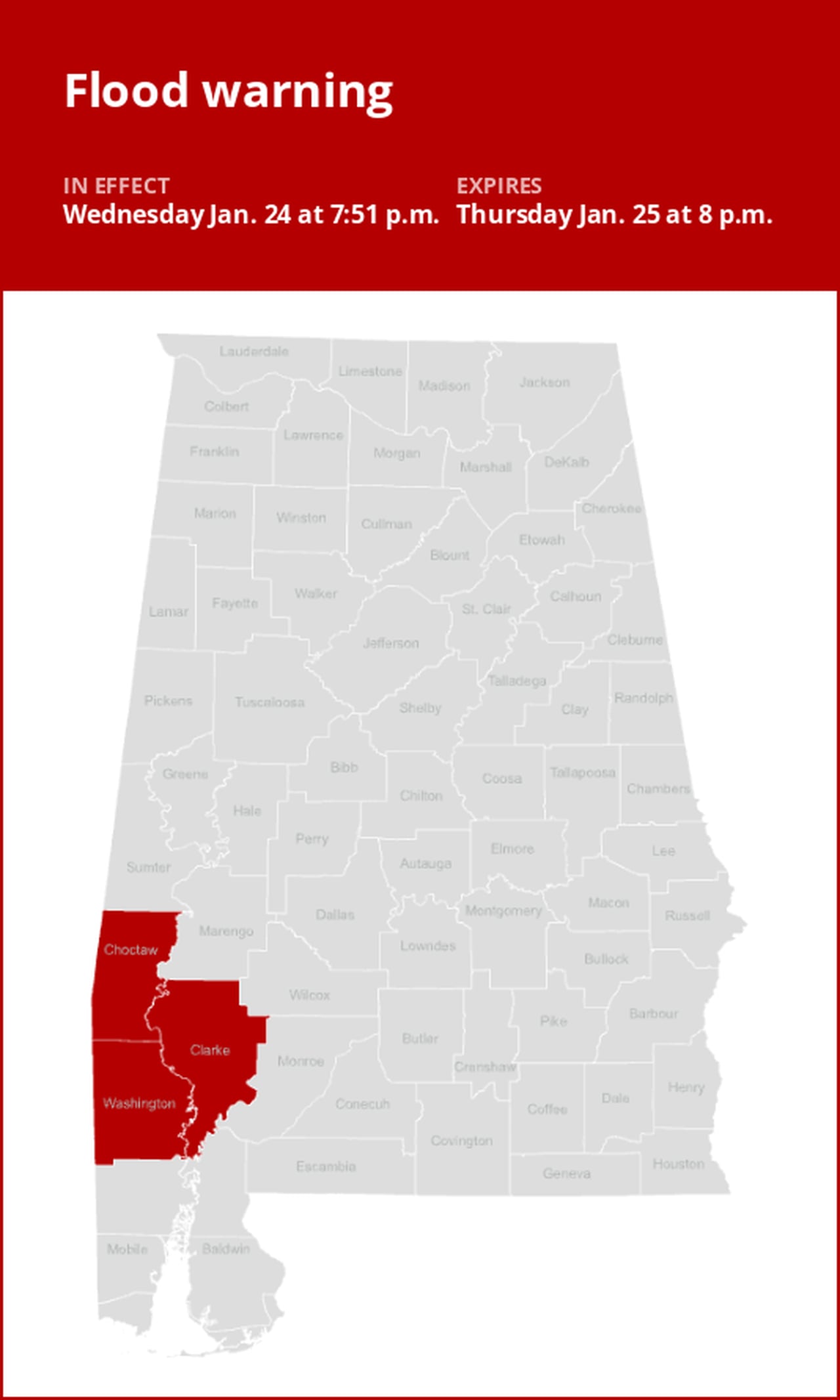 Update: Flood warning for Alabama until Thursday evening