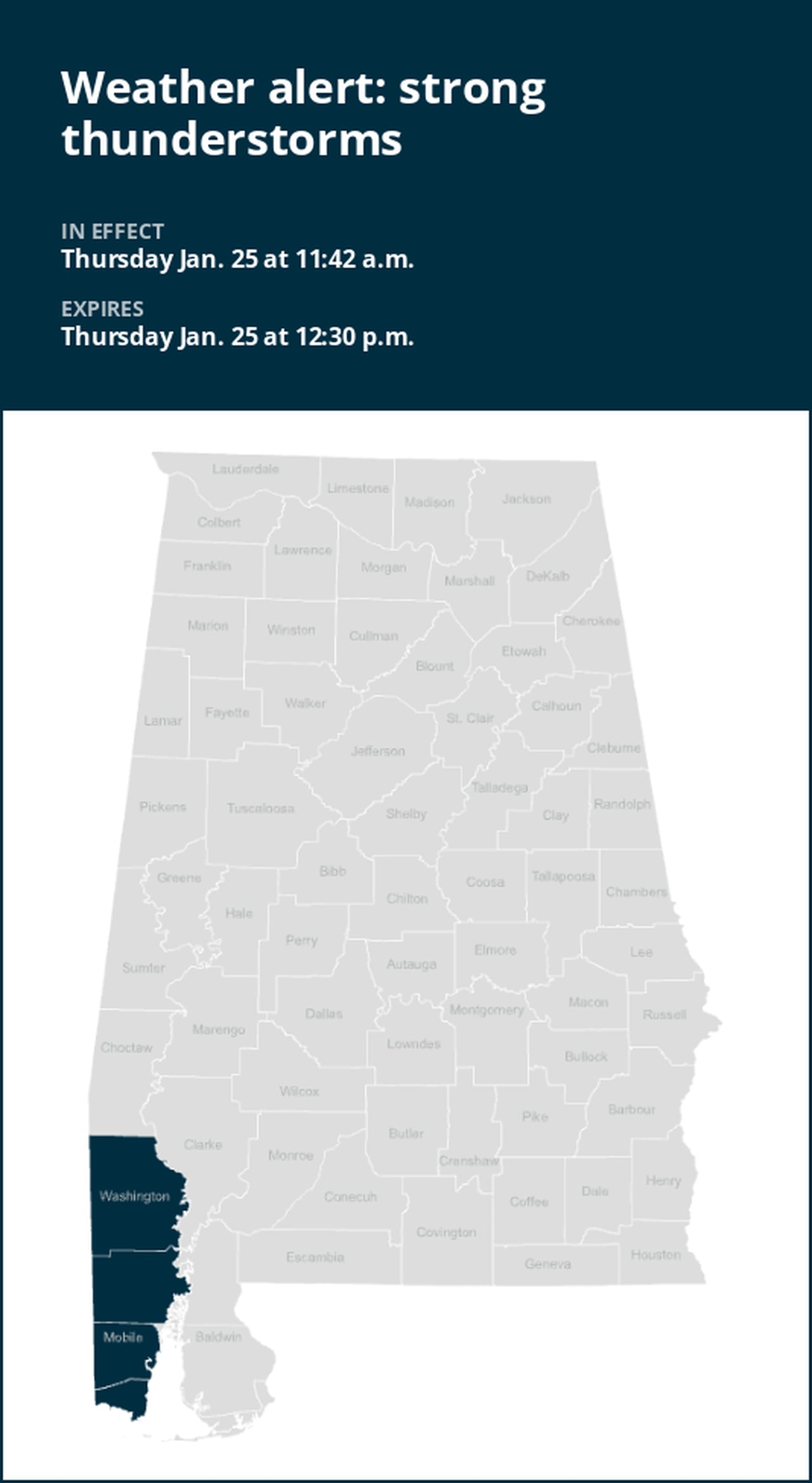 Update: Prepare for strong thunderstorms in Washington and Mobile counties Thursday midday