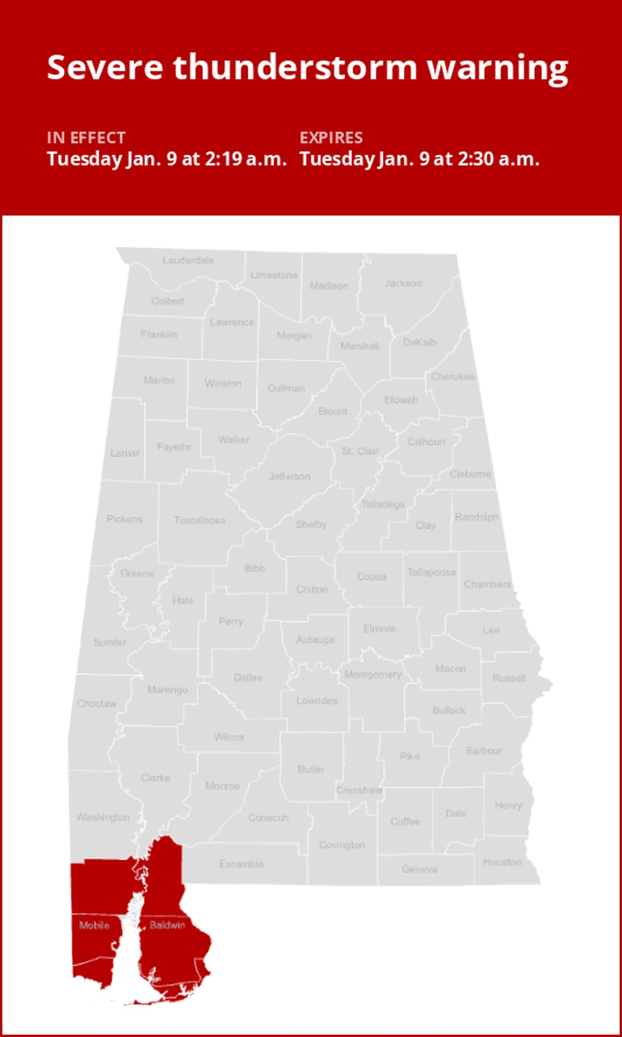 Update: Thunderstorms with damaging winds in Baldwin and Mobile counties Tuesday