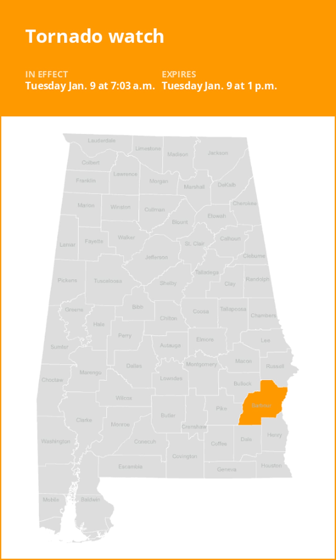 Update: Tornado watch for Barbour County until Tuesday afternoon