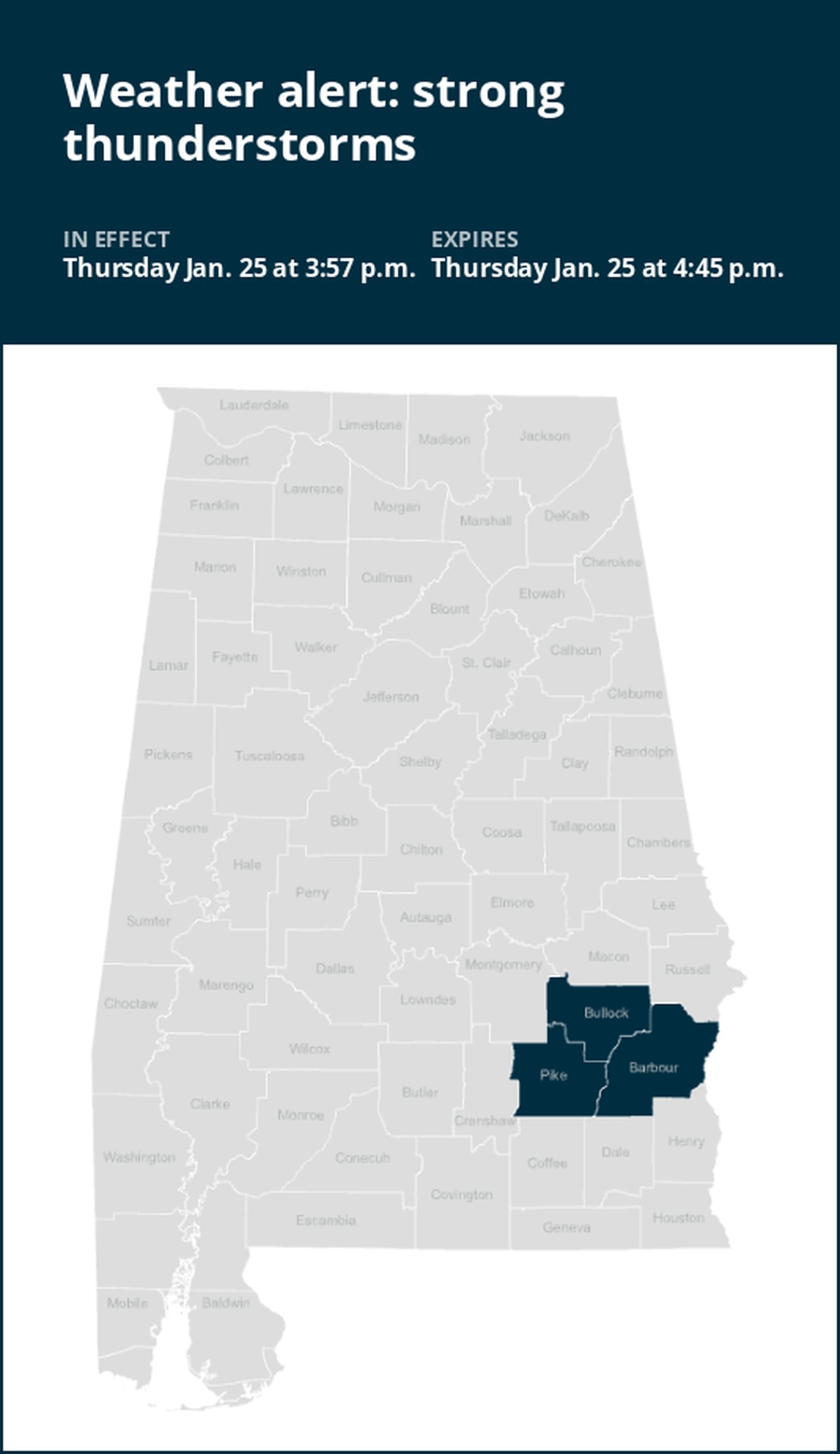 Update: Weather alert issued for strong thunderstorms in Alabama early Thursday evening