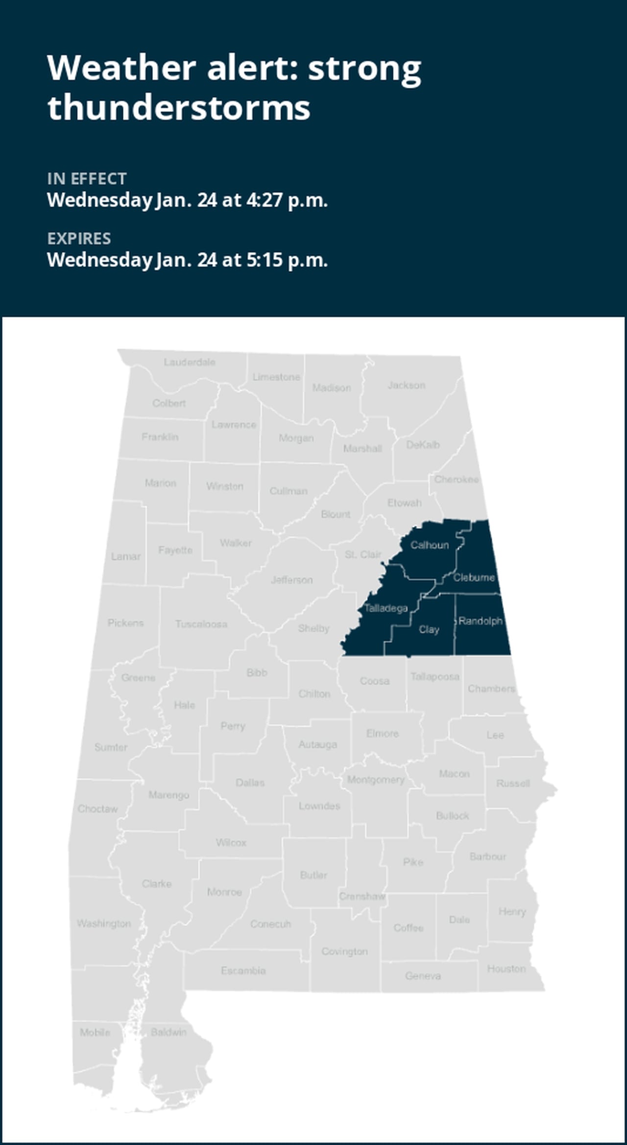 Update: Weather alert issued for strong thunderstorms in East Central Alabama early Wednesday evening