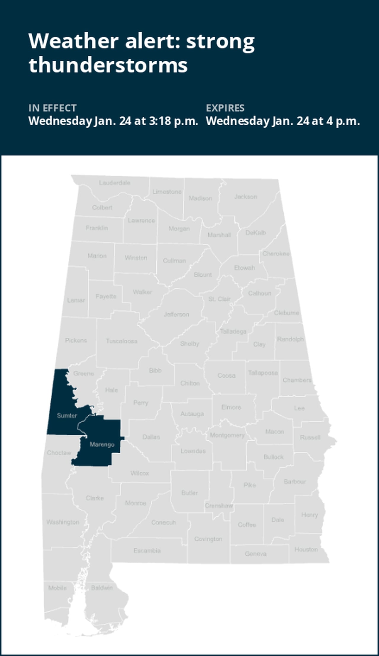 Update: Weather alert issued for strong thunderstorms in Sumter and Marengo counties early Wednesday evening