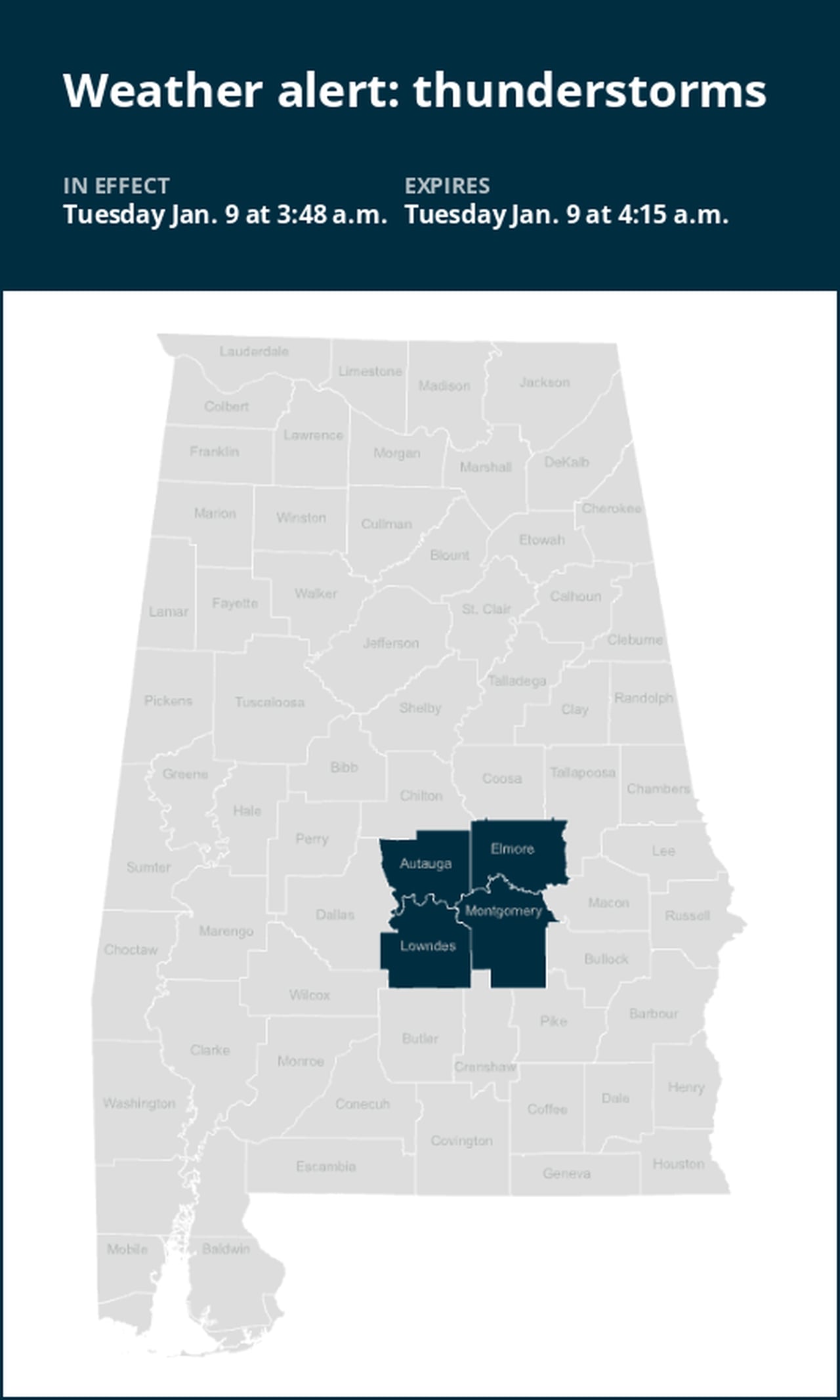 Weather alert for strong thunderstorms in Central Alabama early Tuesday morning