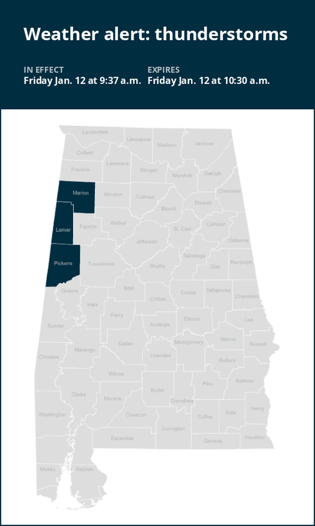 Weather alert issued for strong thunderstorms in Alabama Friday morning