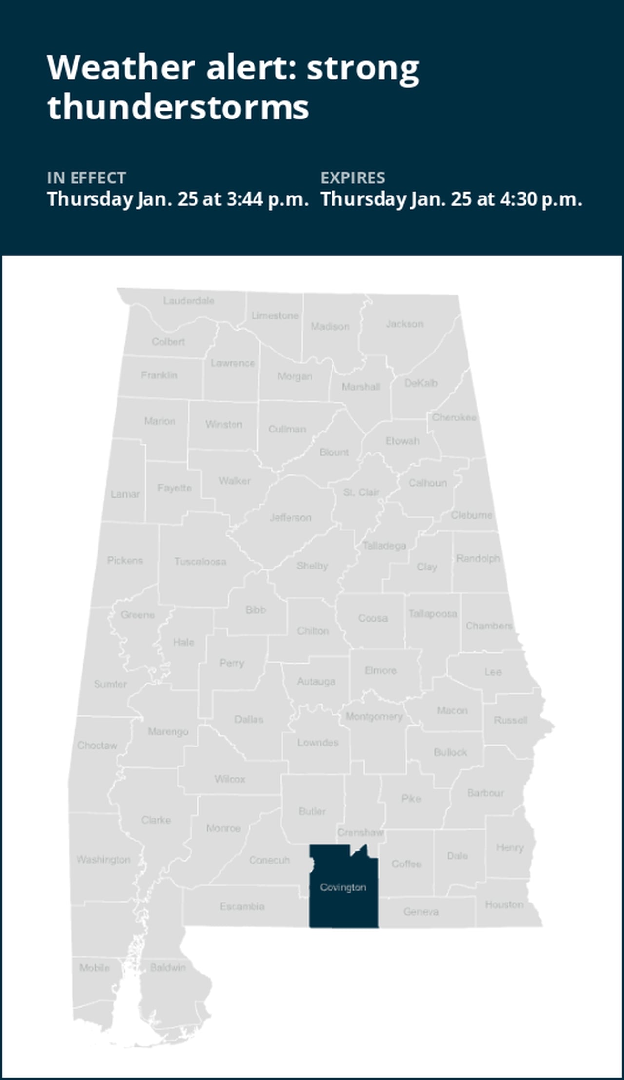 Weather alert issued for strong thunderstorms in Covington County early Thursday evening