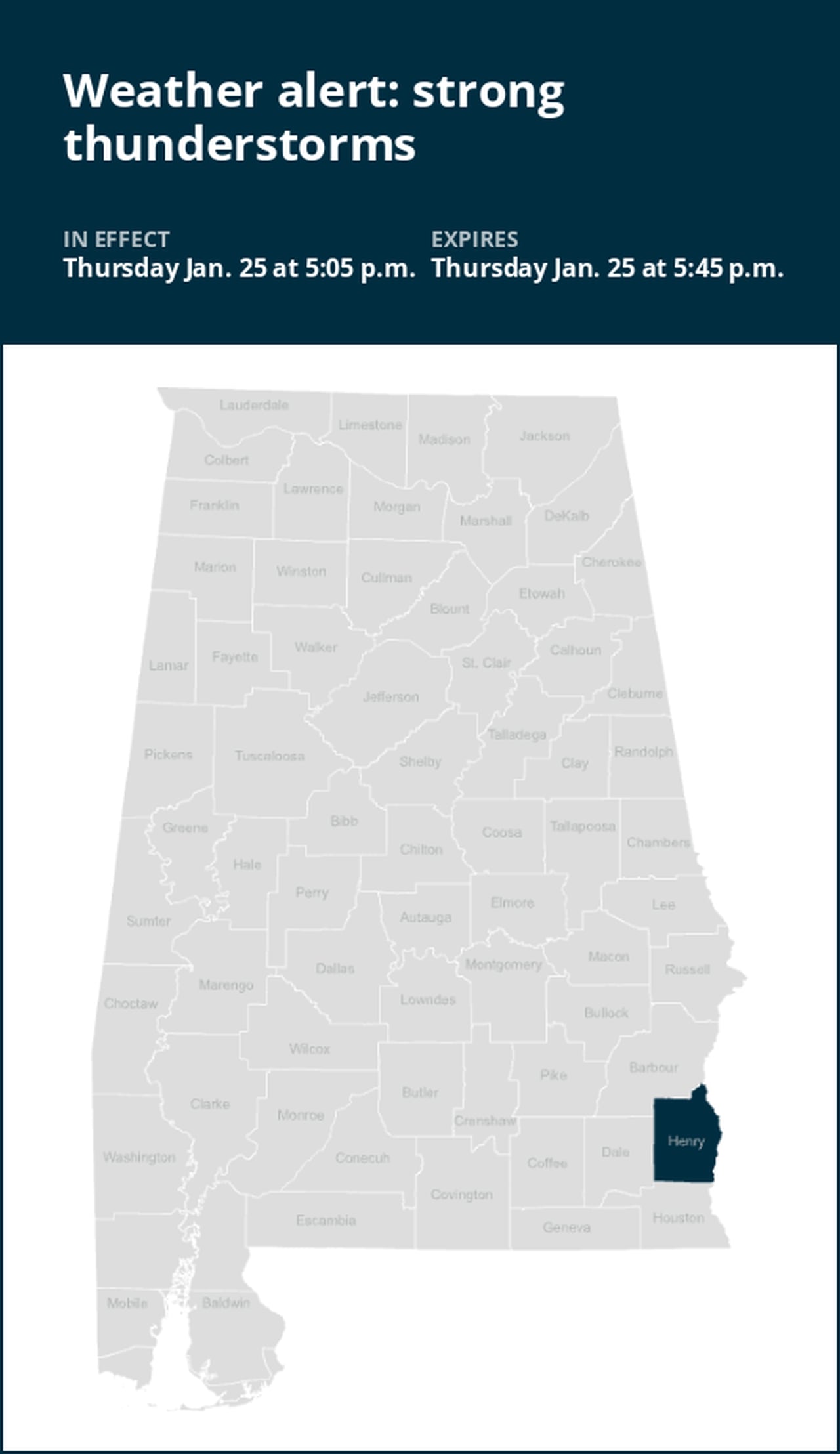 Weather alert issued for strong thunderstorms in Henry County early Thursday evening