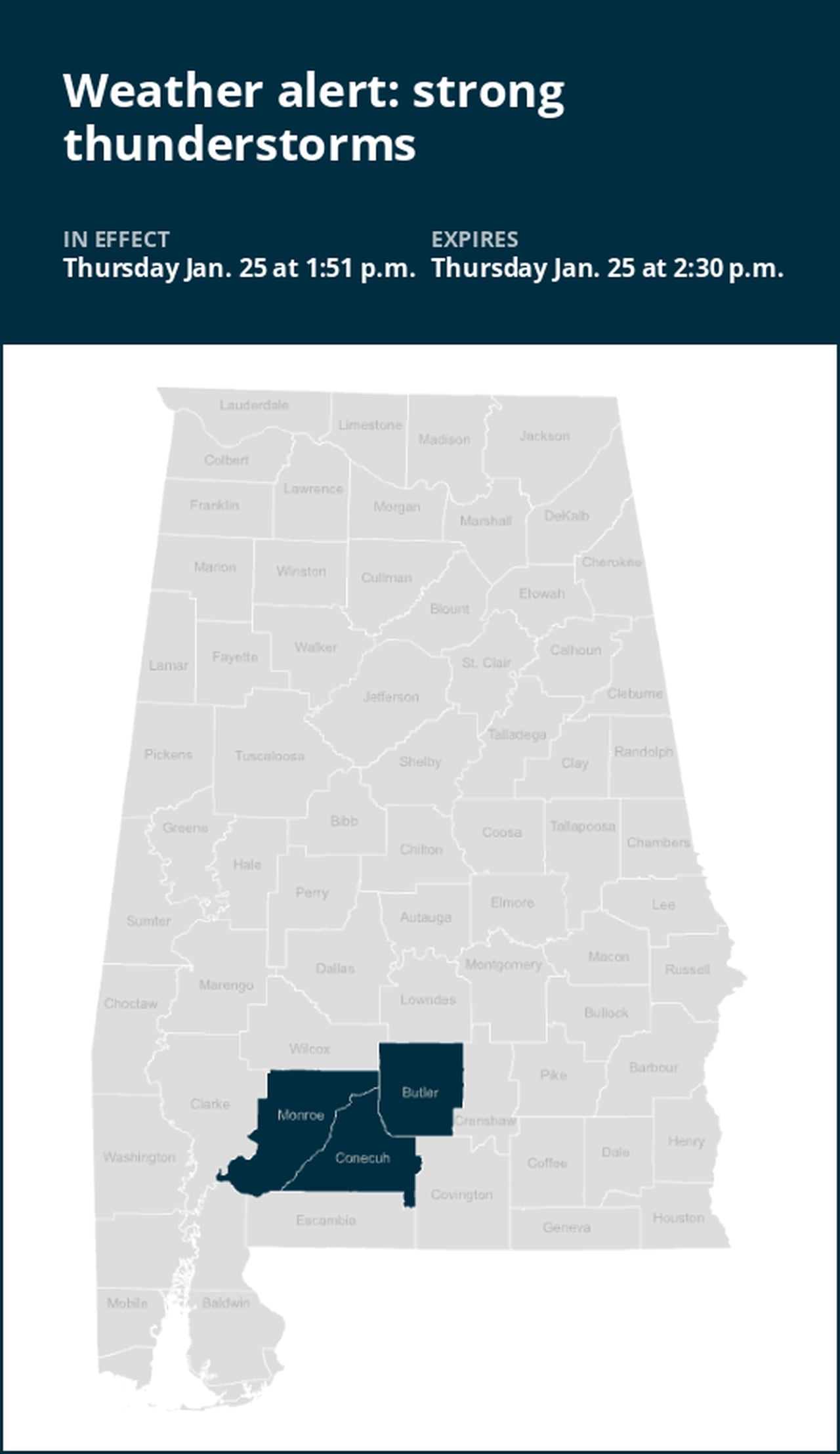 Weather alert issued for strong thunderstorms in South Alabama Thursday afternoon