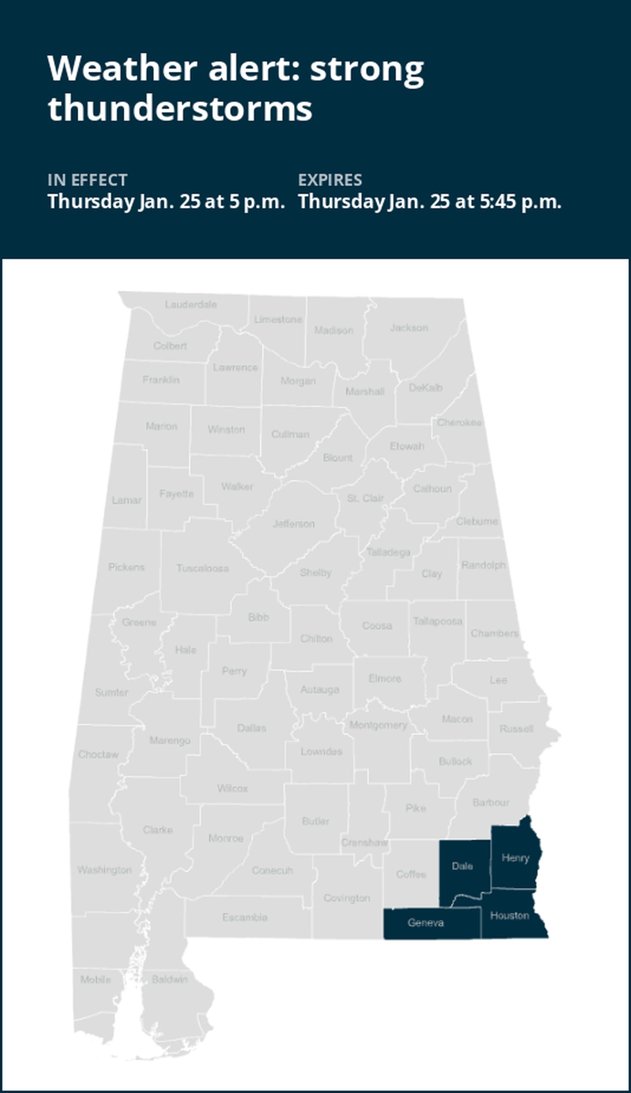Weather alert issued for strong thunderstorms in Southeast Alabama early Thursday evening