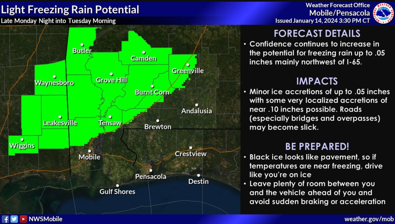 Winter weather advisory issued for southwest Alabama