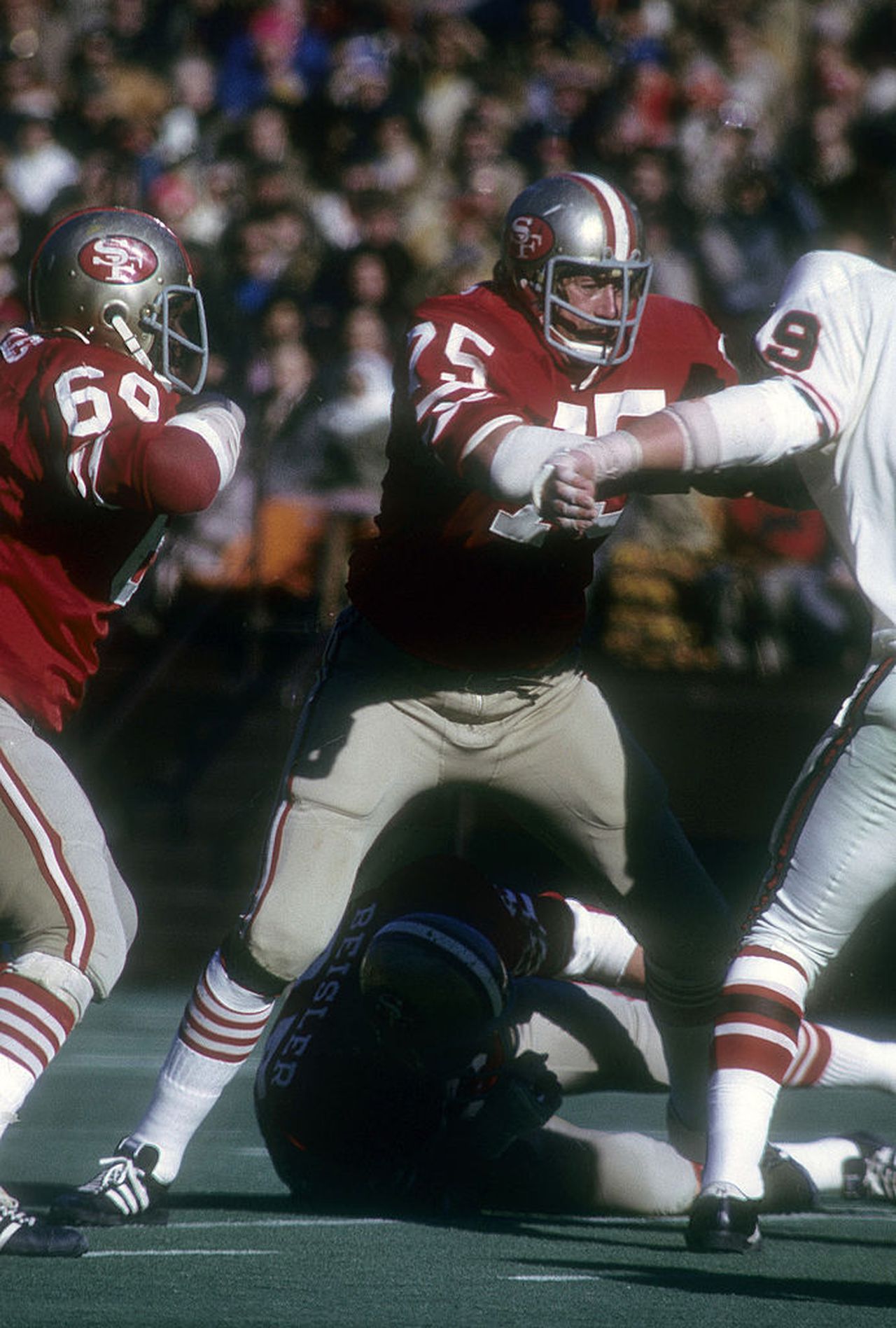 San Francisco 49ers center Forrest Blue blocks during an NFL game against the Atlanta Falcons