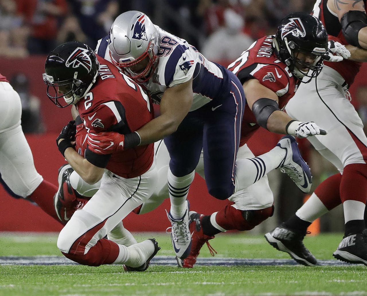 New England Patriots defensive end Trey Flowers sacks Atlanta Falcons quarterback Matt Ryan during Super Bowl LI