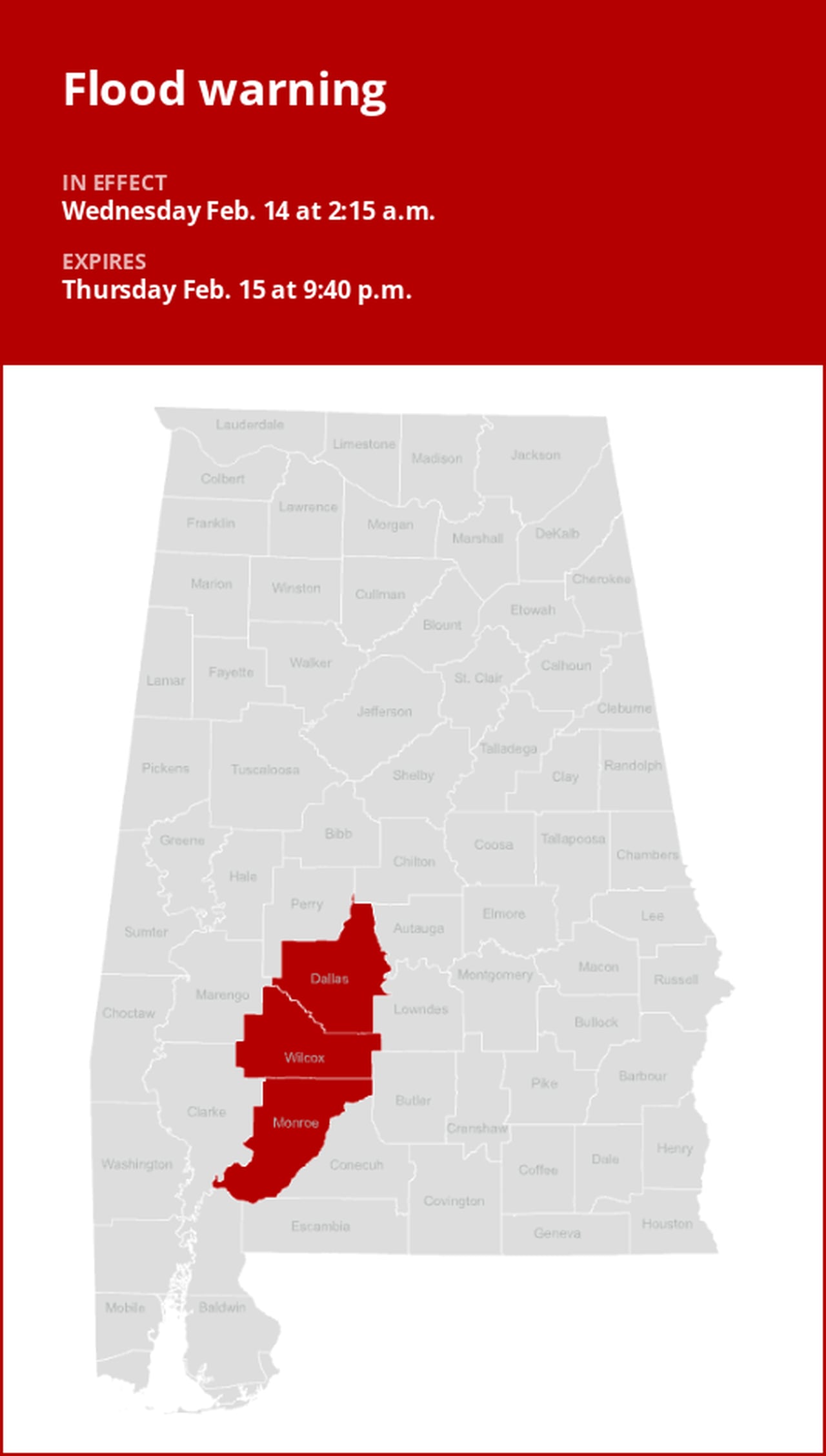 Alabama under a flood warning Wednesday and Thursday