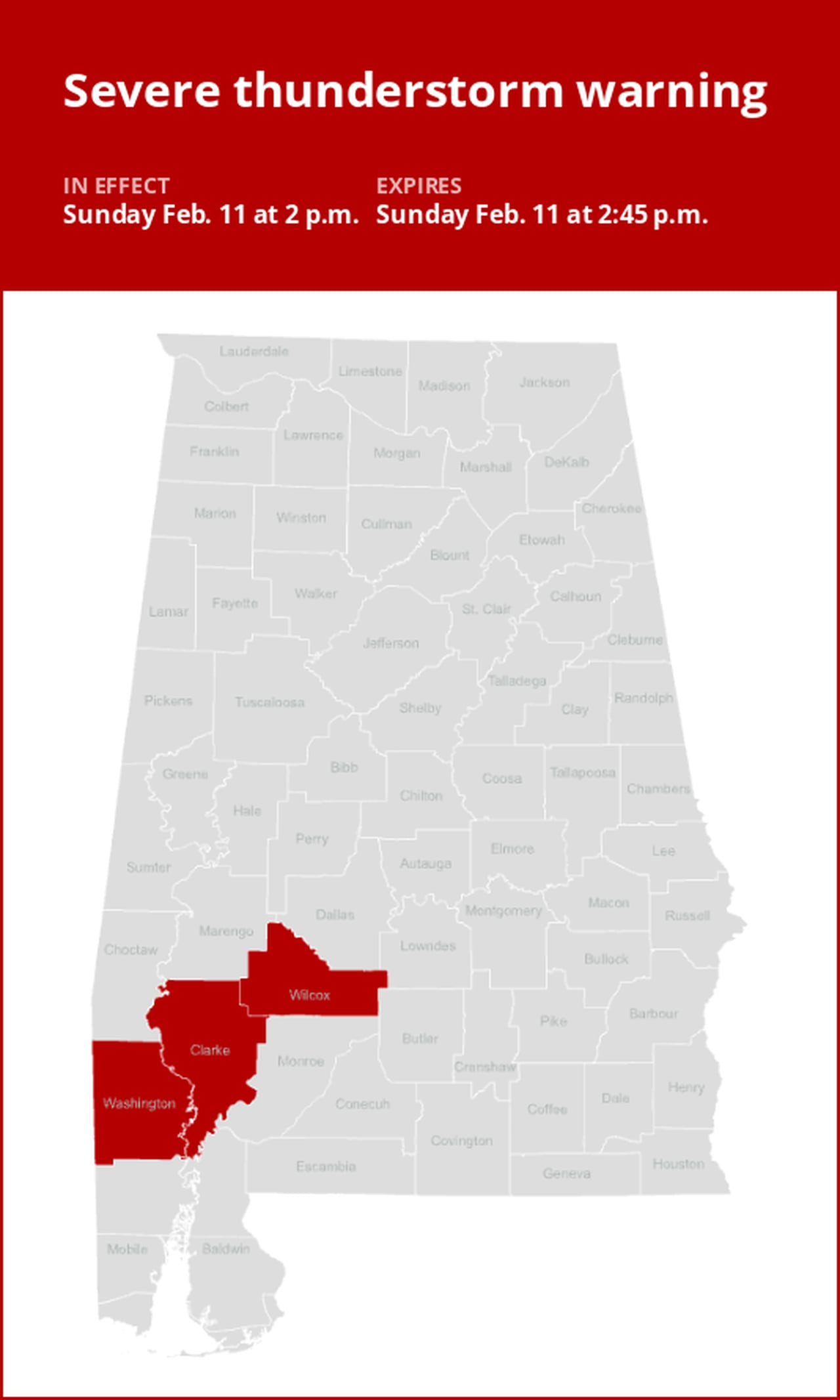 Expect damaging winds and penny-sized hail with thunderstorms to hit Southwest Alabama Sunday