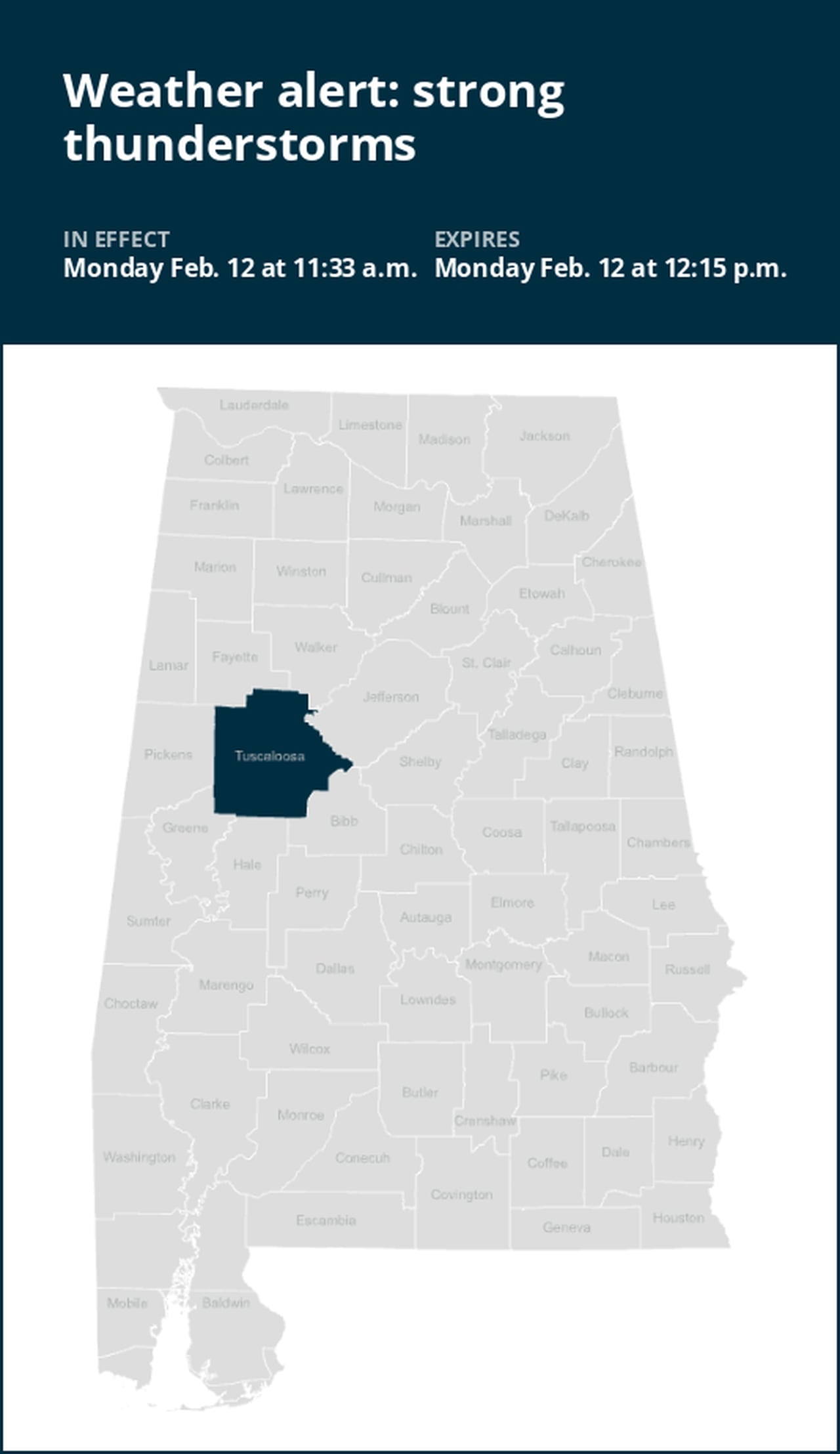 Expect pea-sized hail with thunderstorms in Tuscaloosa County Monday