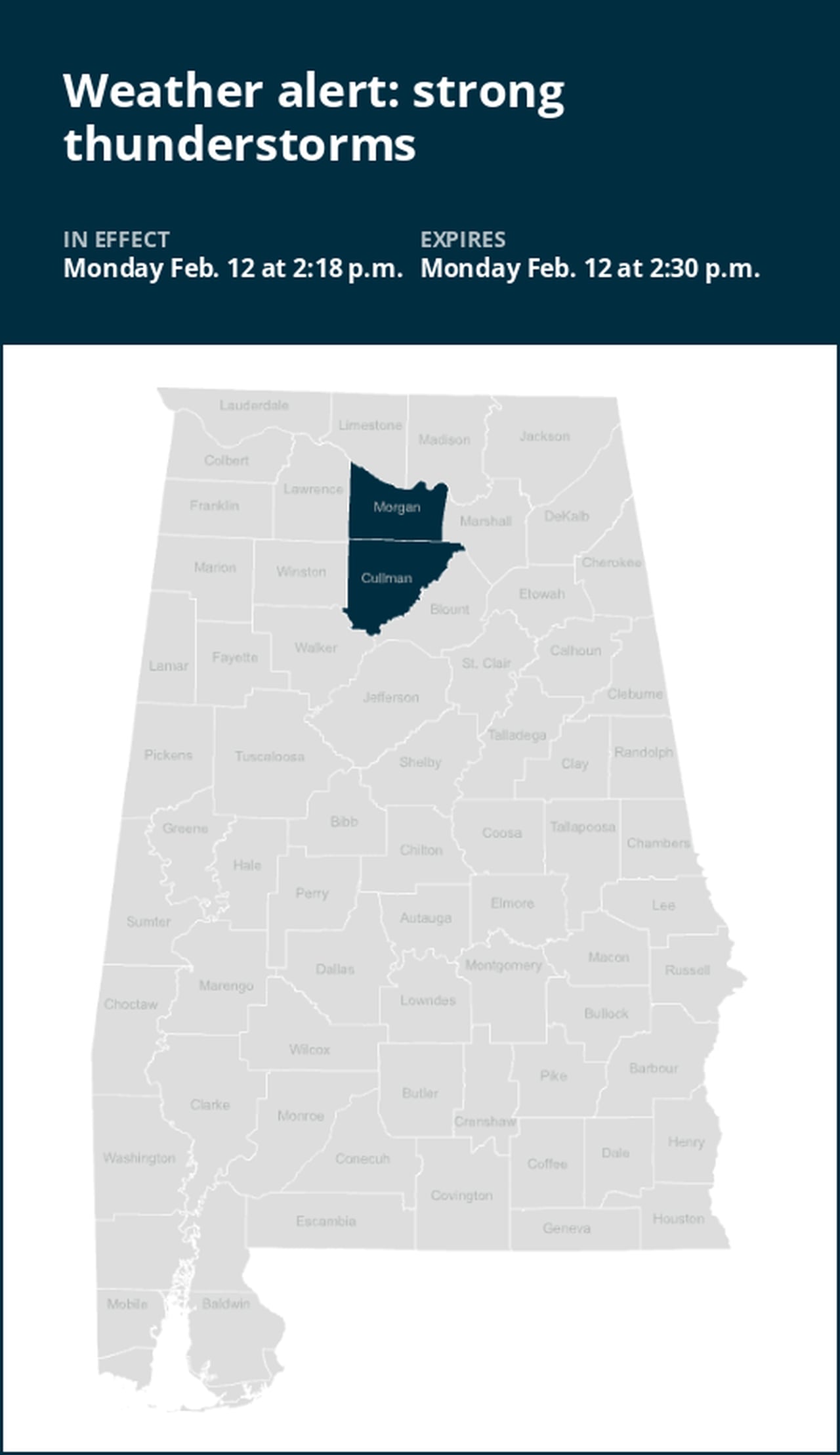 Expect pea-sized hail with thunderstorms to hit Morgan and Cullman counties Monday