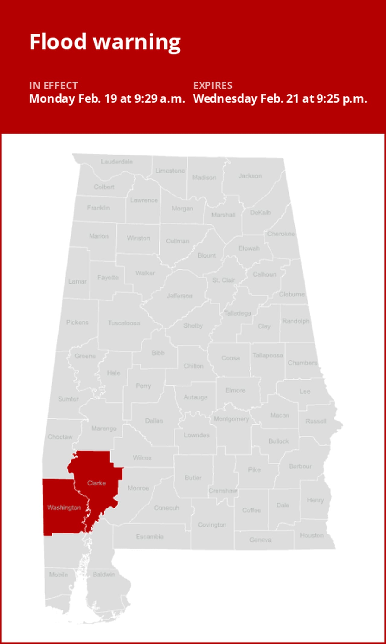 Flood warning for Clarke and Washington counties until Wednesday night