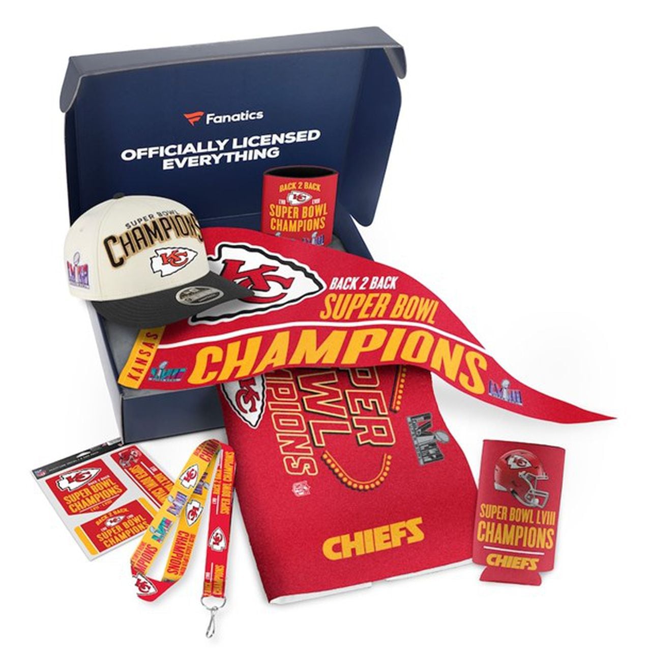 Kansas City Chiefs WinCraft Super Bowl 58 Champions gift box with hat for $84.99 from Fanatics.