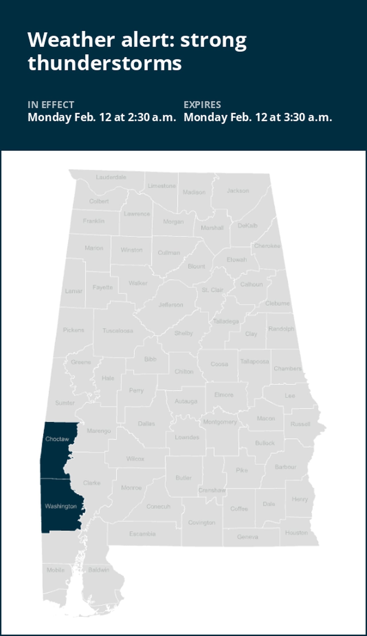 Marble-sized hail expected with thunderstorms in Choctaw and Washington counties Monday