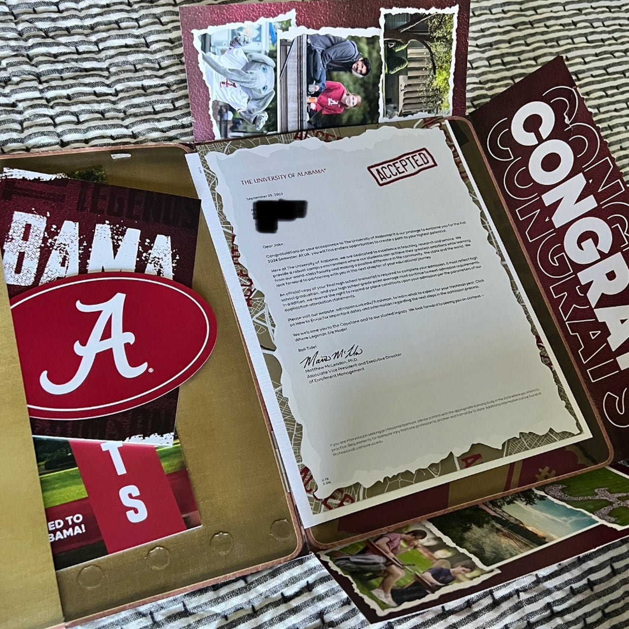 A letter from the University of Alabama congratulates a prospective applicant on their acceptance.